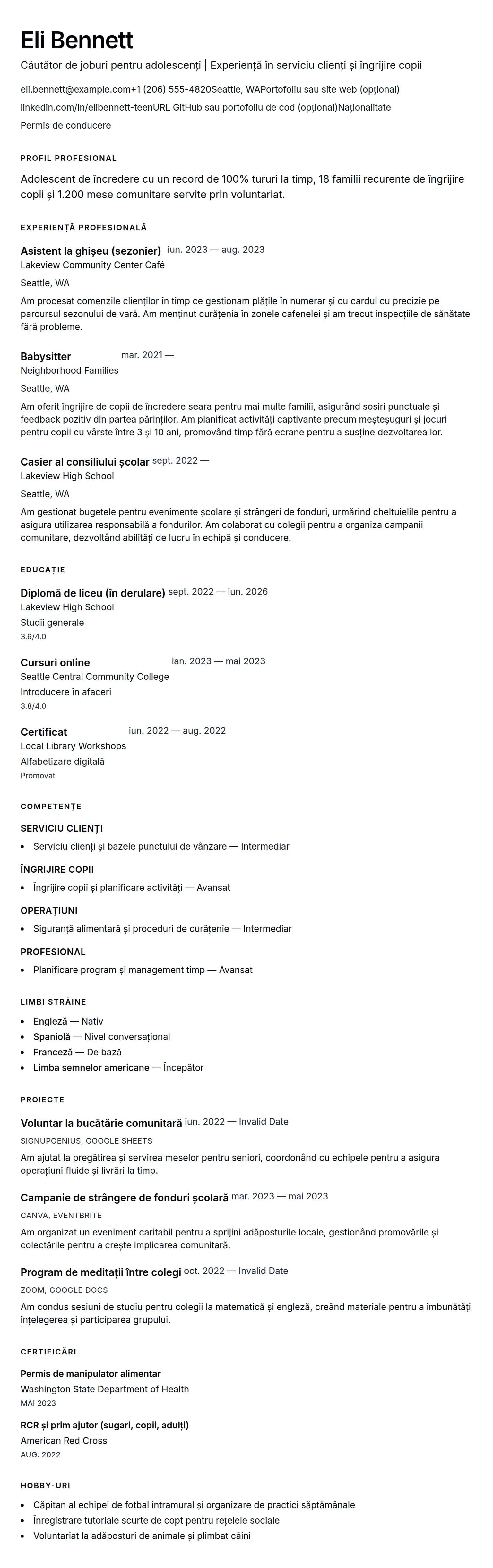 Exemplu de CV pentru adolescent căutând job