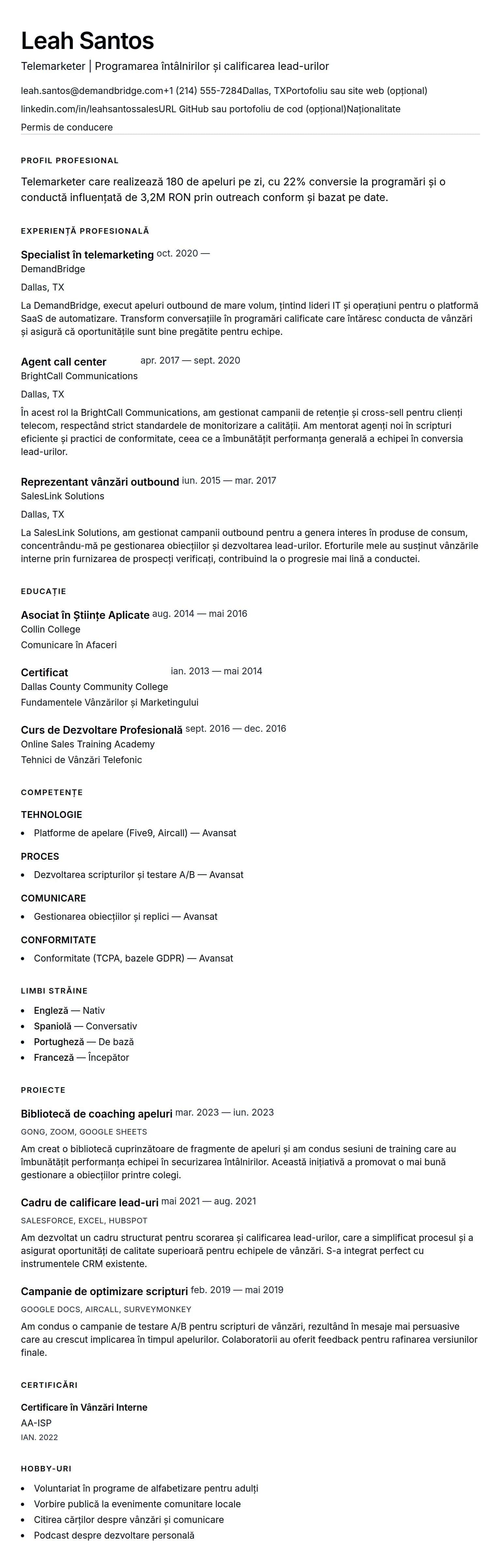 Exemplu de CV pentru Telemarketer