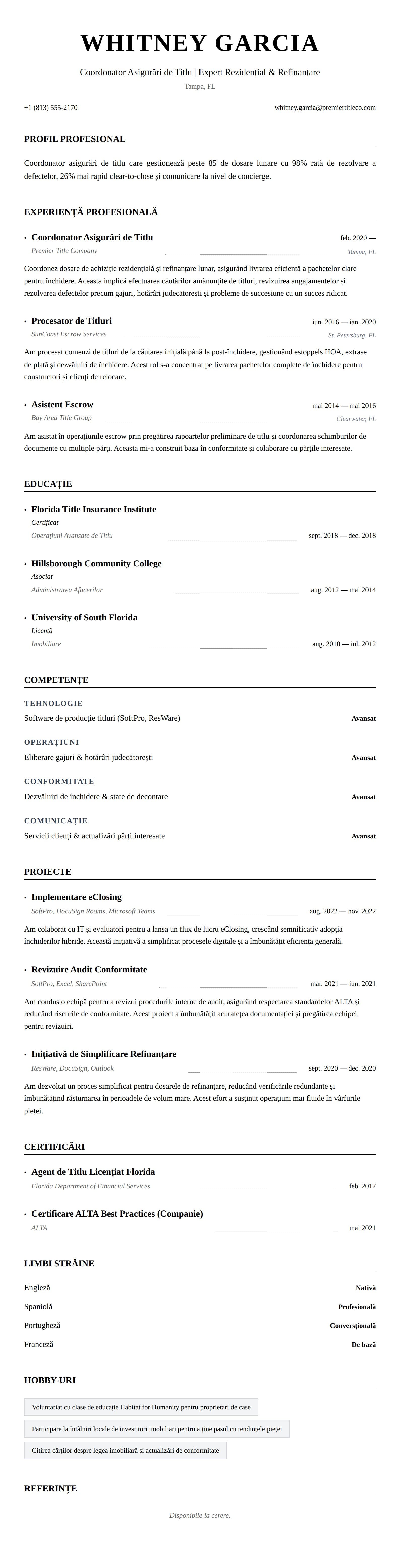 Previzualizare CV pentru Exemplu de CV pentru Coordonator Asigurări de Titlu