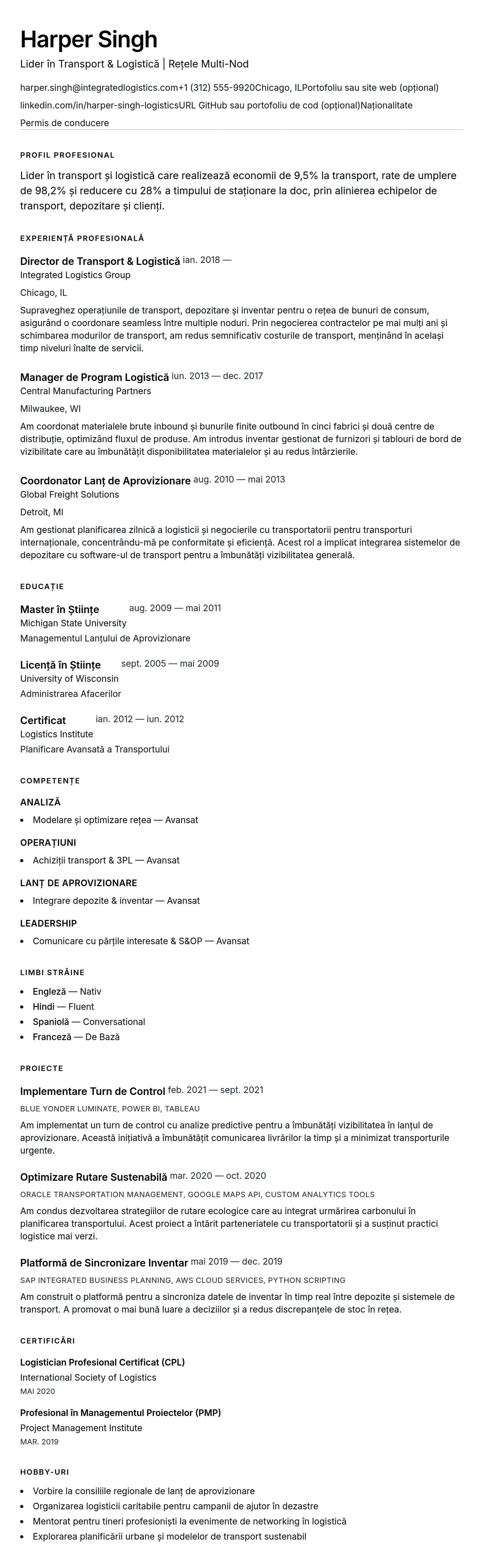 Exemplu de CV pentru Specialist în Transport și Logistică
