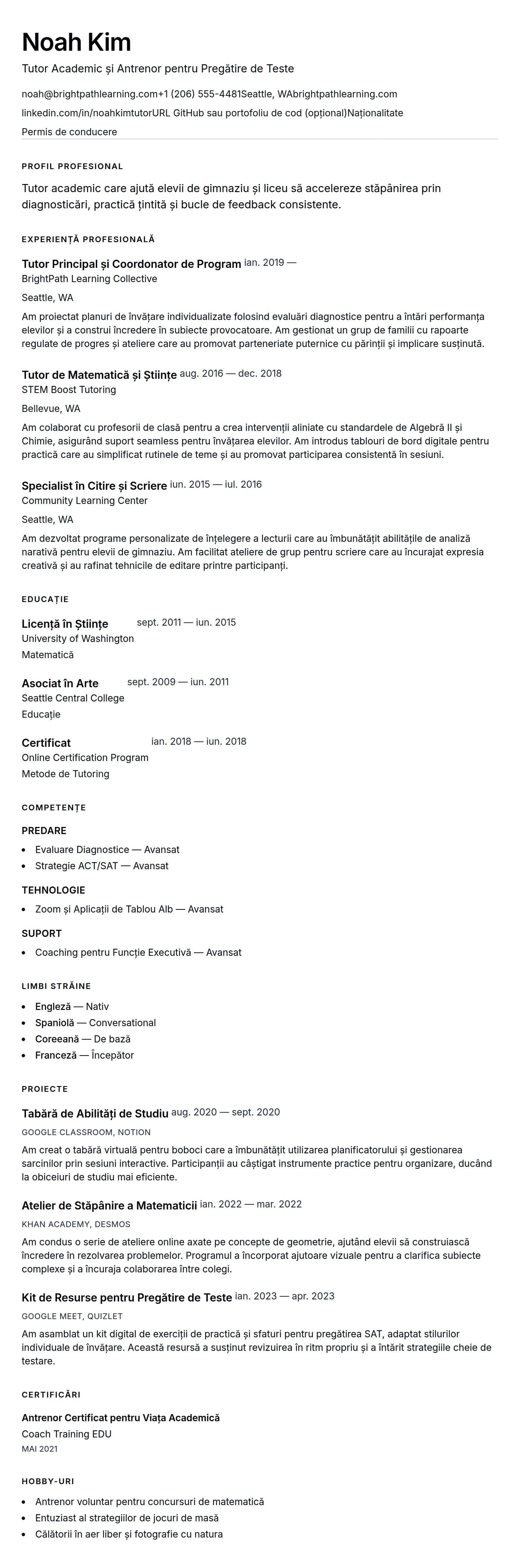 Previzualizare CV pentru Exemplu de CV pentru profesor particular