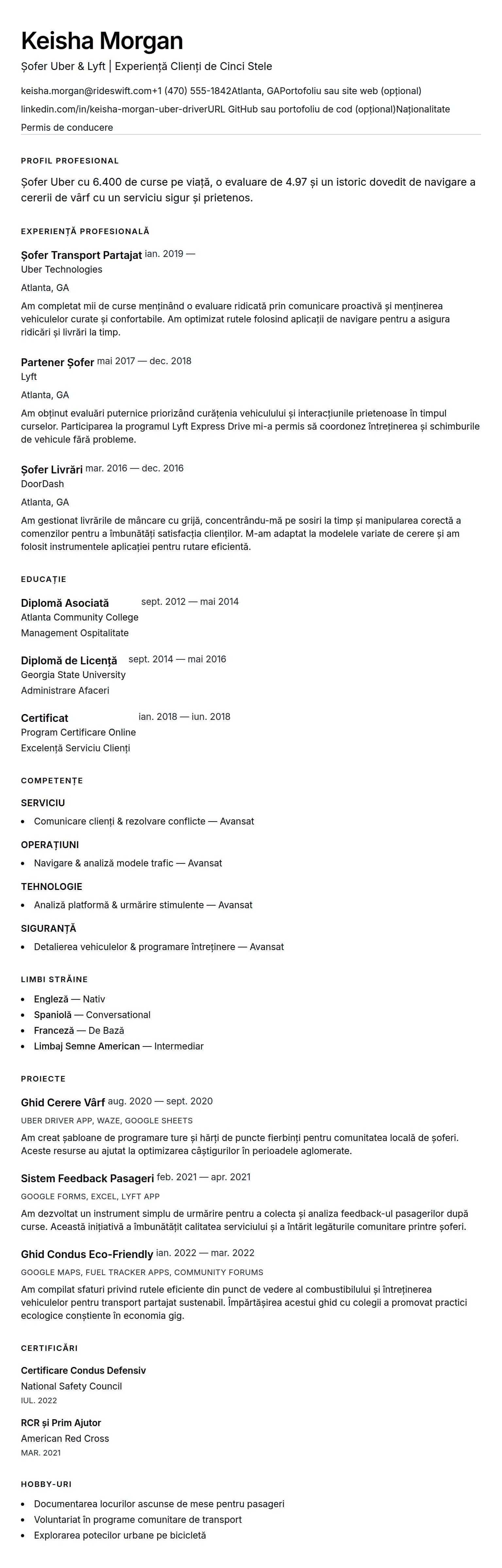 Exemplu de CV pentru Șofer Uber