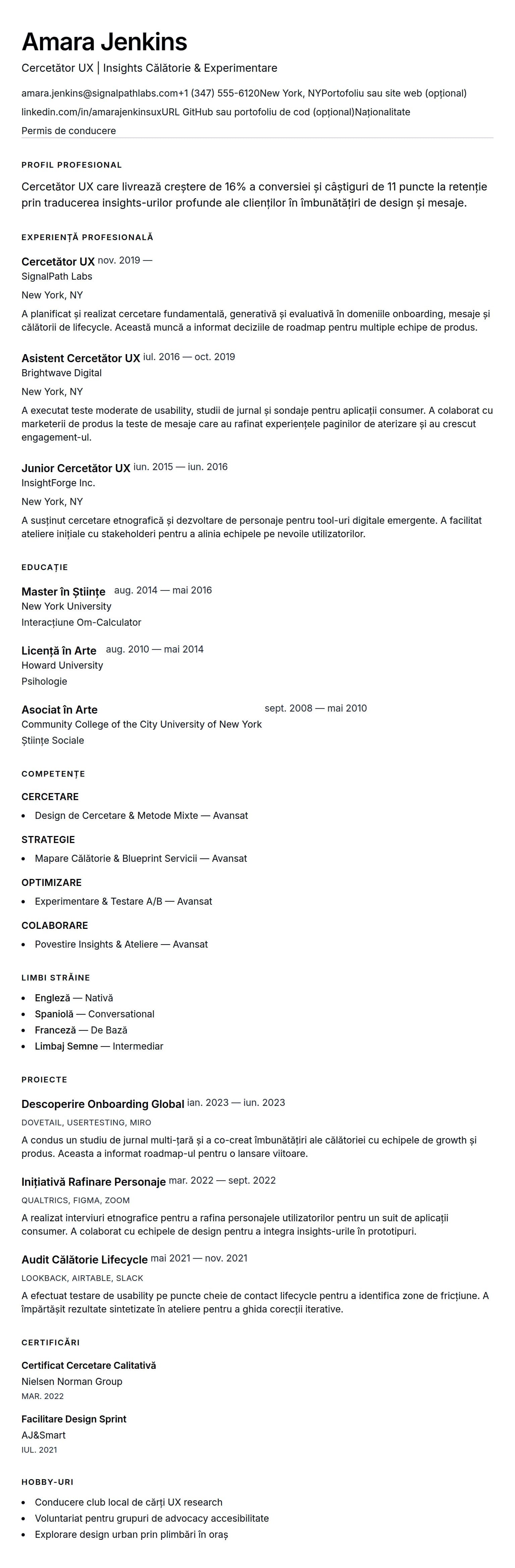 Exemplu de CV Cercetător UX
