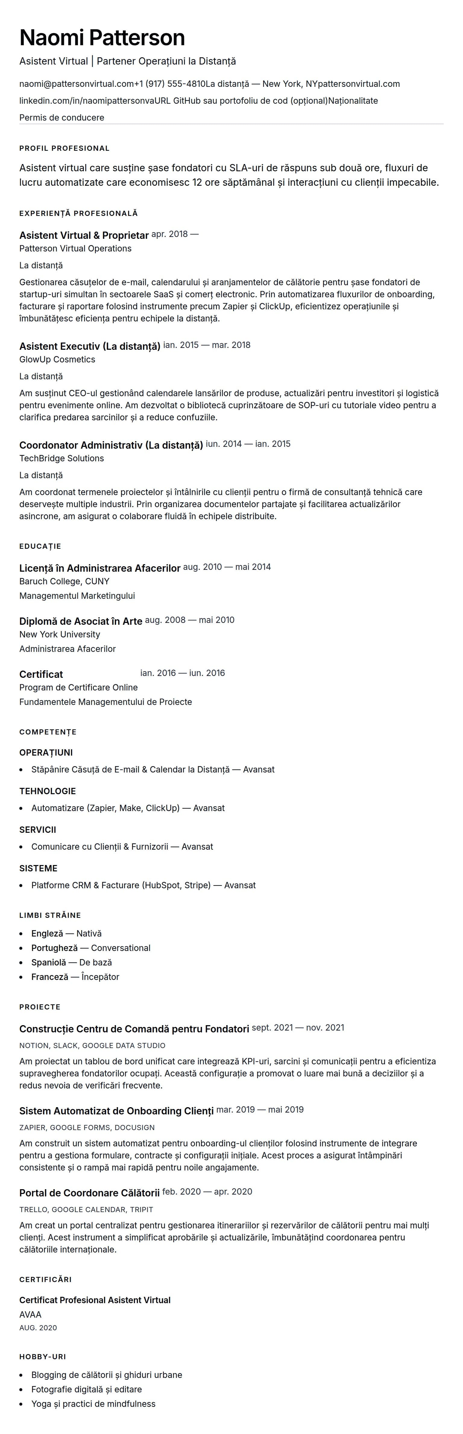 Previzualizare CV pentru Exemplu de CV pentru Asistent Virtual