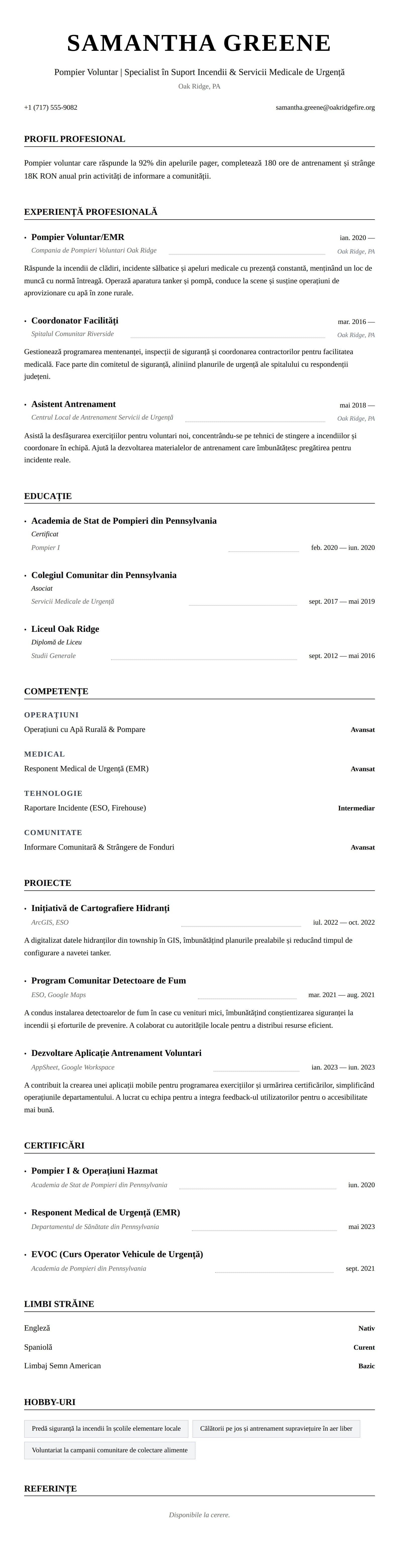 Exemplu de CV Pompier Voluntar