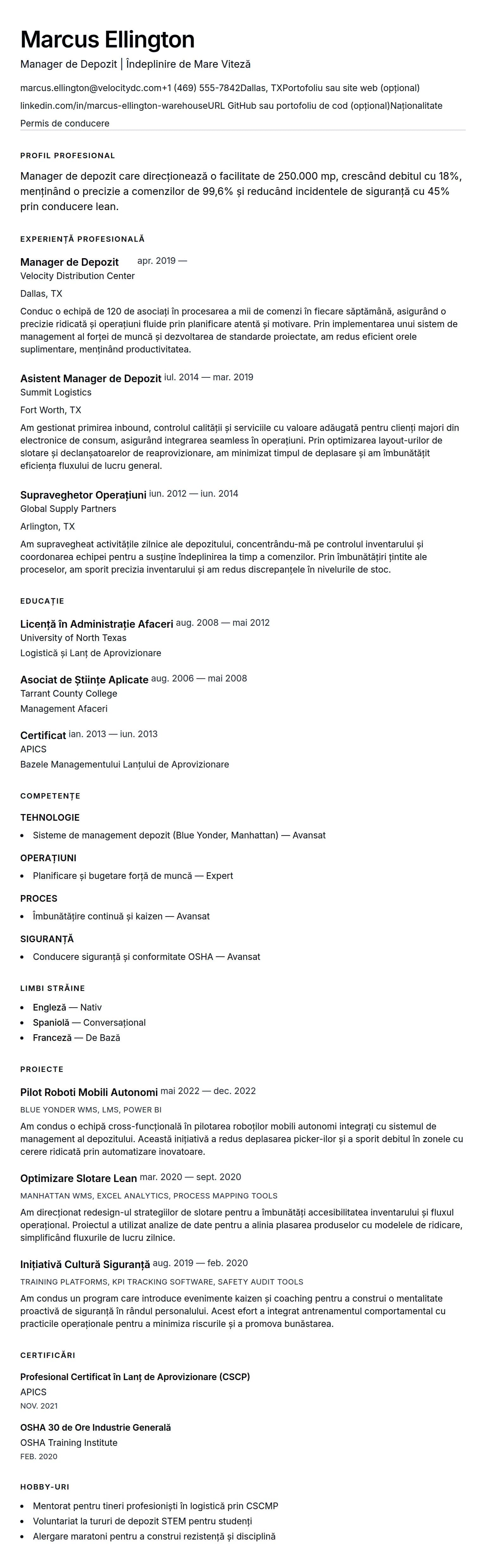 Previzualizare CV pentru Exemplu de CV pentru Manager de Depozit