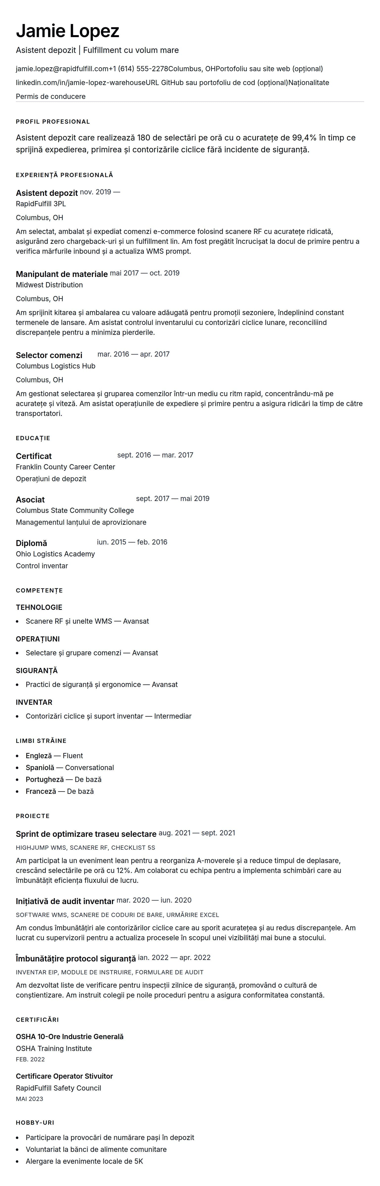 Previzualizare CV pentru Exemplu de CV pentru muncitor la depozit