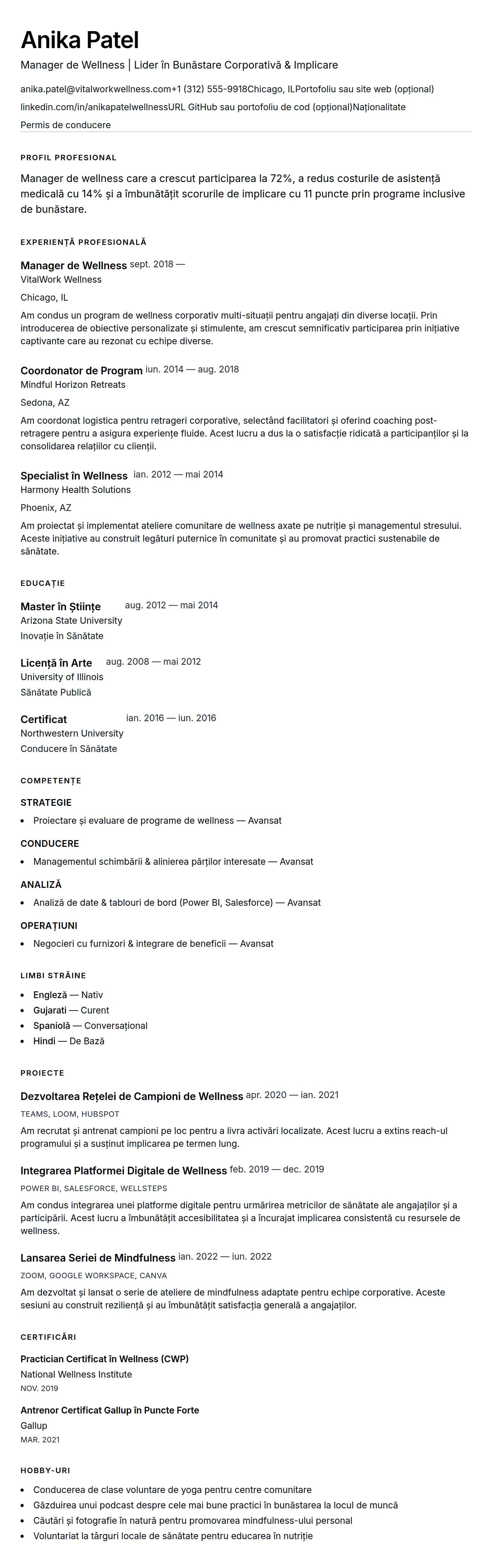 Exemplu de CV pentru Manager de Wellness