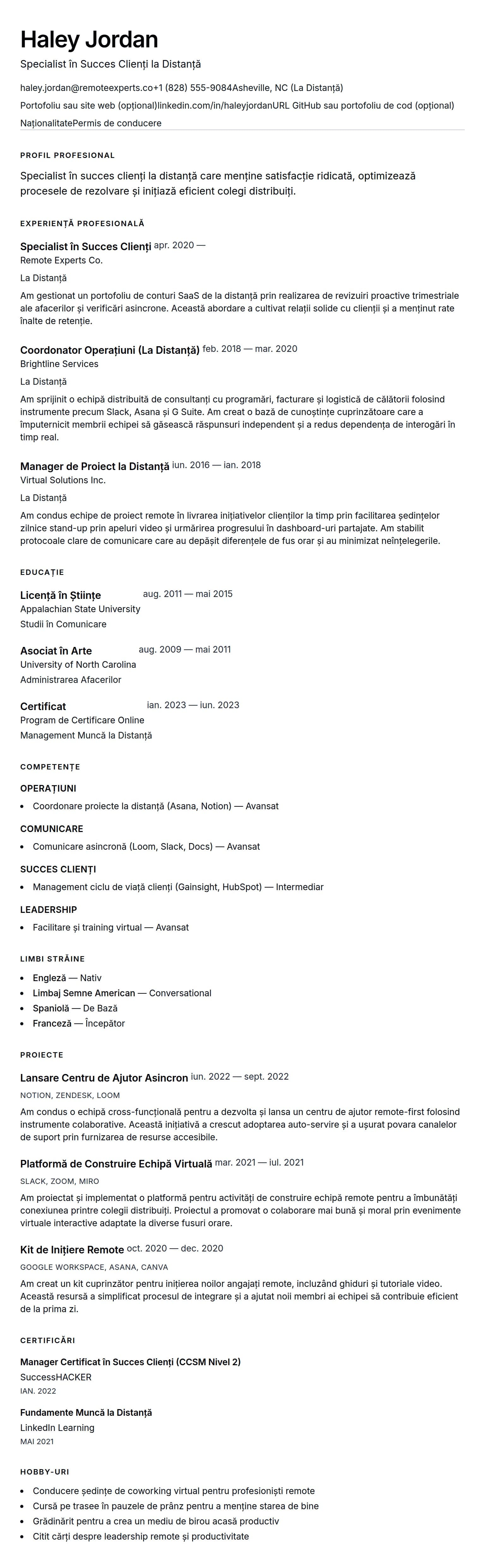 Previzualizare CV pentru Exemplu de CV pentru Profesionist în Muncă de la Distanță