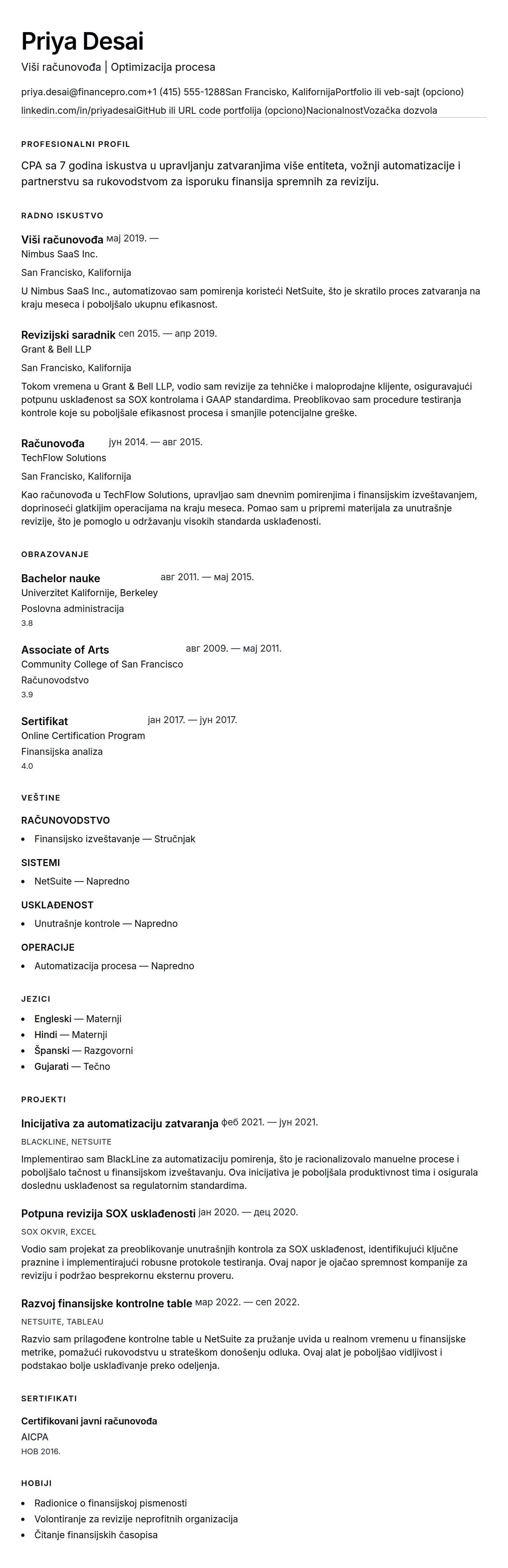 Pregled životopisa za Primer CV-a za računovođu
