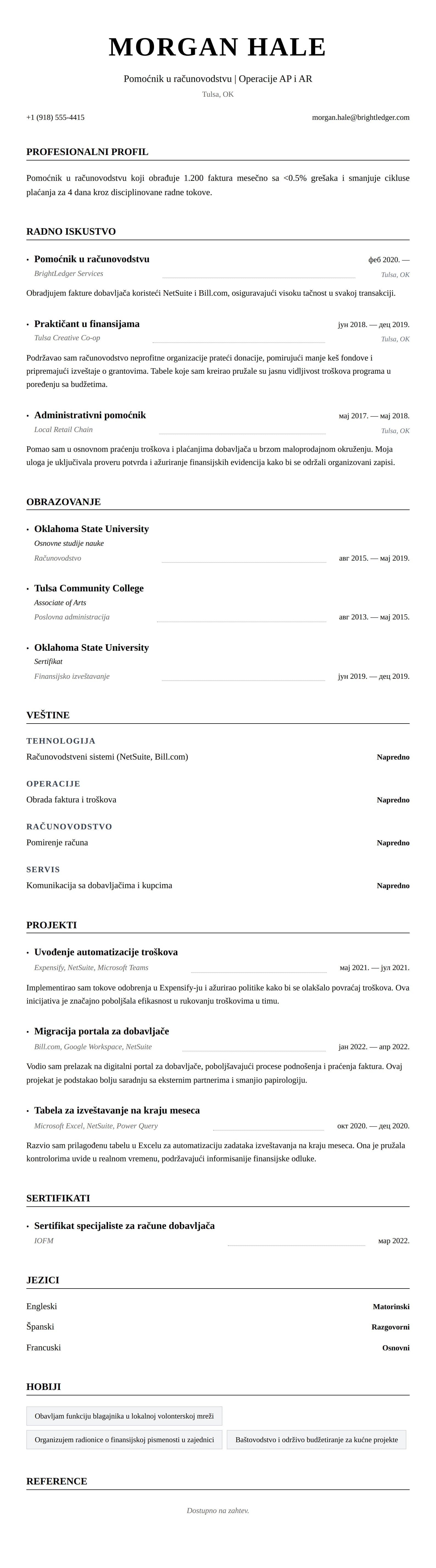 Pregled životopisa za Primer CV-a za pomoćnika u računovodstvu