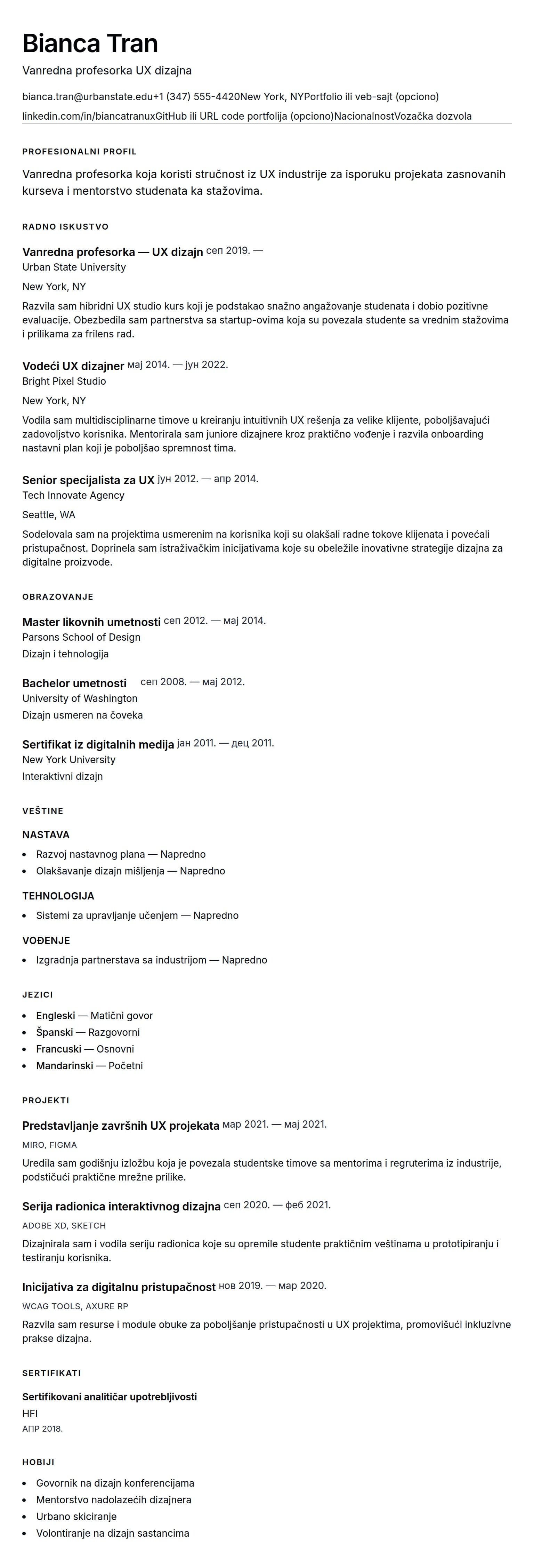 Pregled životopisa za Primer životopisa za vanrednog profesora