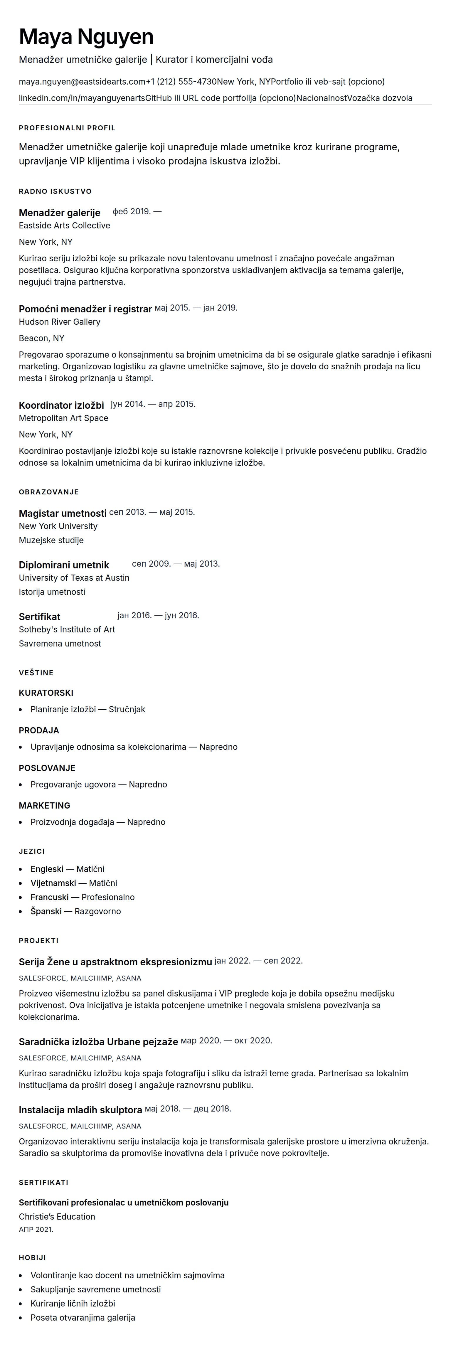 Pregled životopisa za Primer životopisa menadžera umetničke galerije