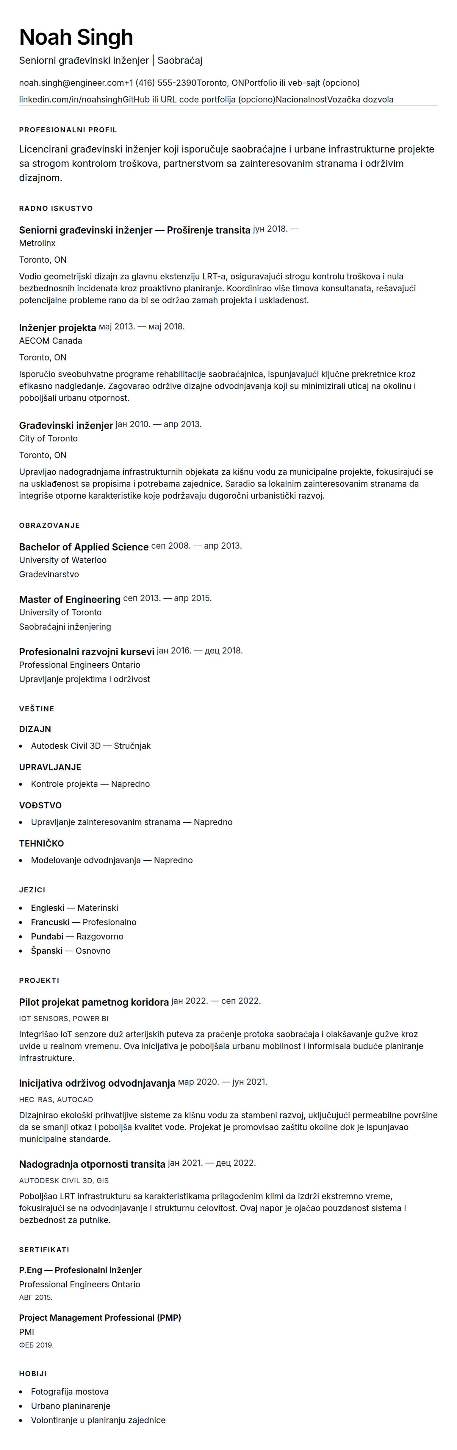 Pregled životopisa za Primer CV-a za građevinskog inženjera