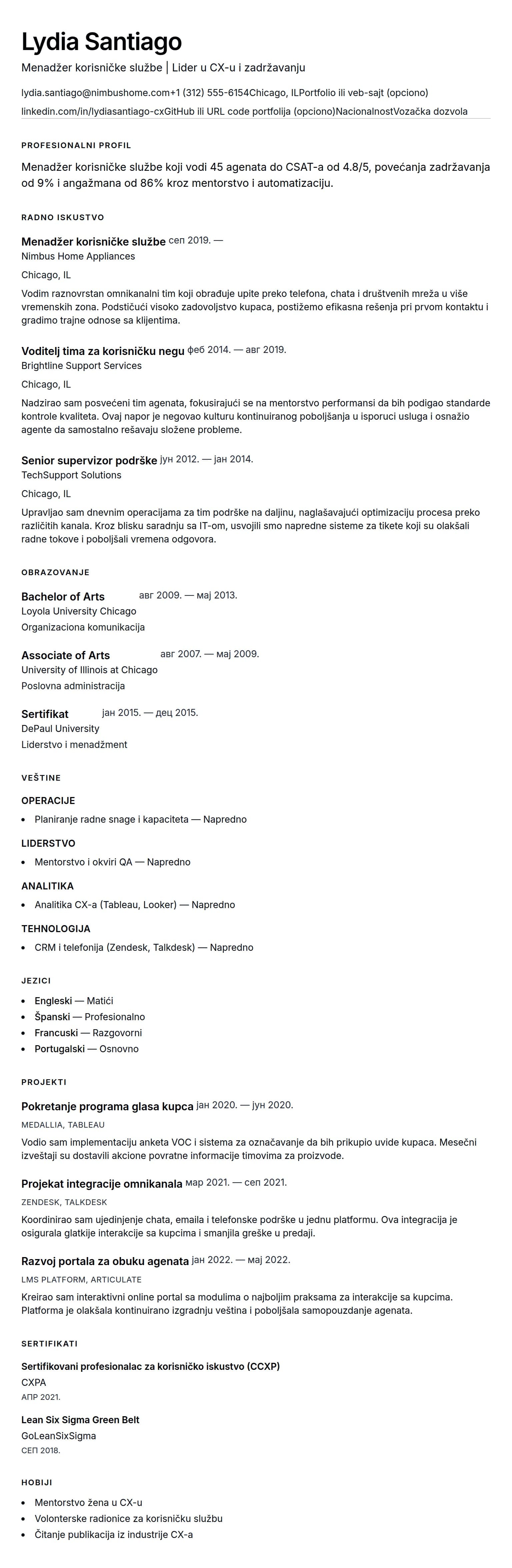 Pregled životopisa za Primer CV-a za menadžera korisničke službe
