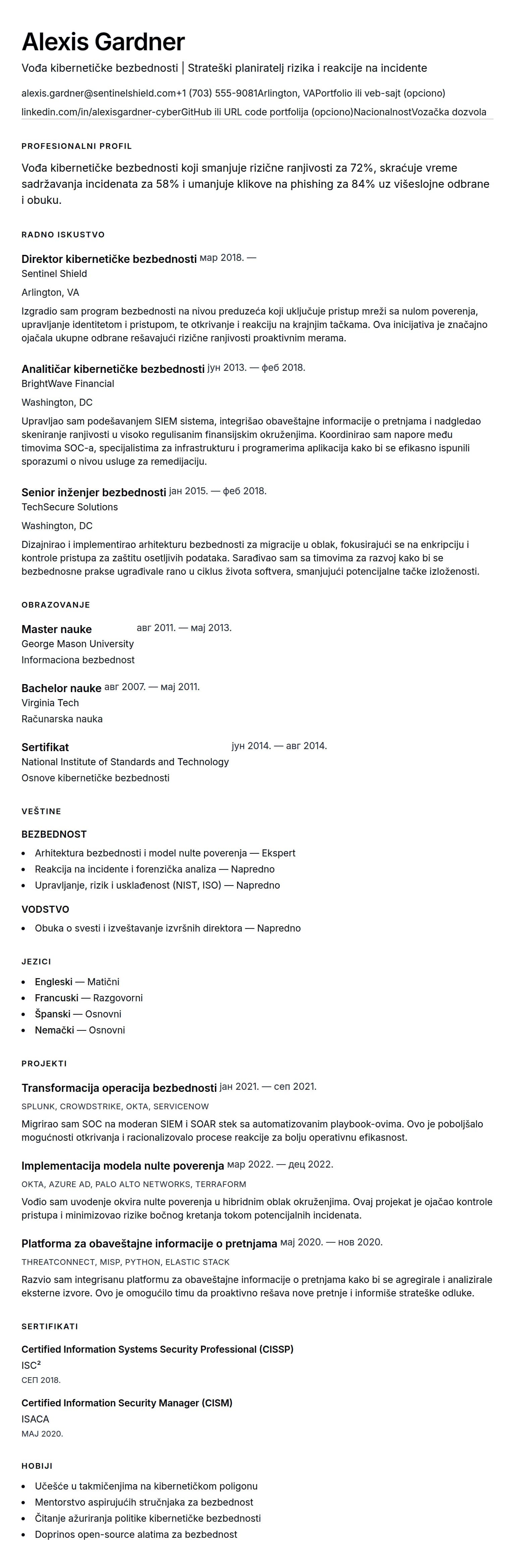 Pregled životopisa za Primer CV-a za stručnjaka za kibernetičku bezbednost