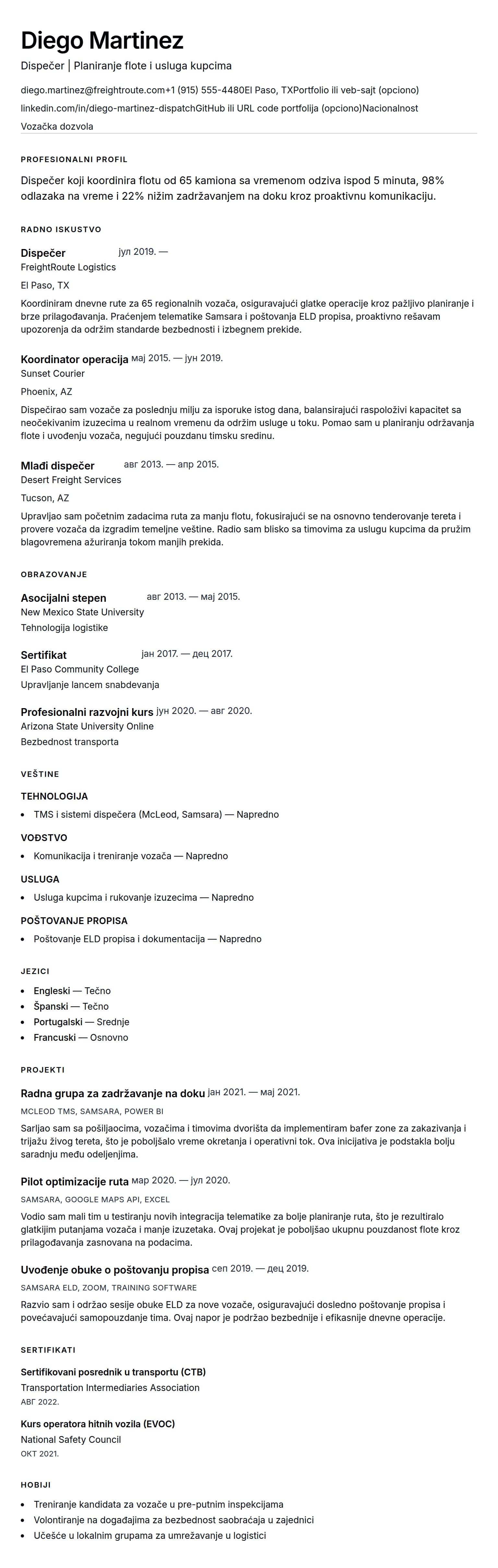 Pregled životopisa za Primer CV-a za dispečera
