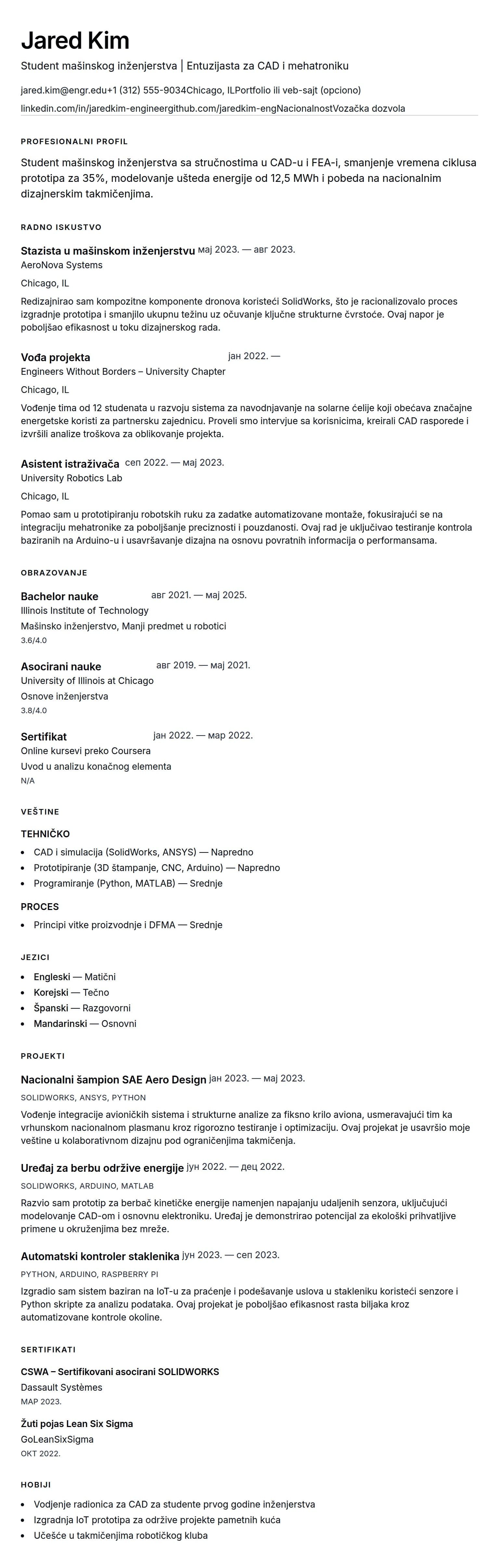 Pregled životopisa za Primer CV-a za studenta inženjerstva