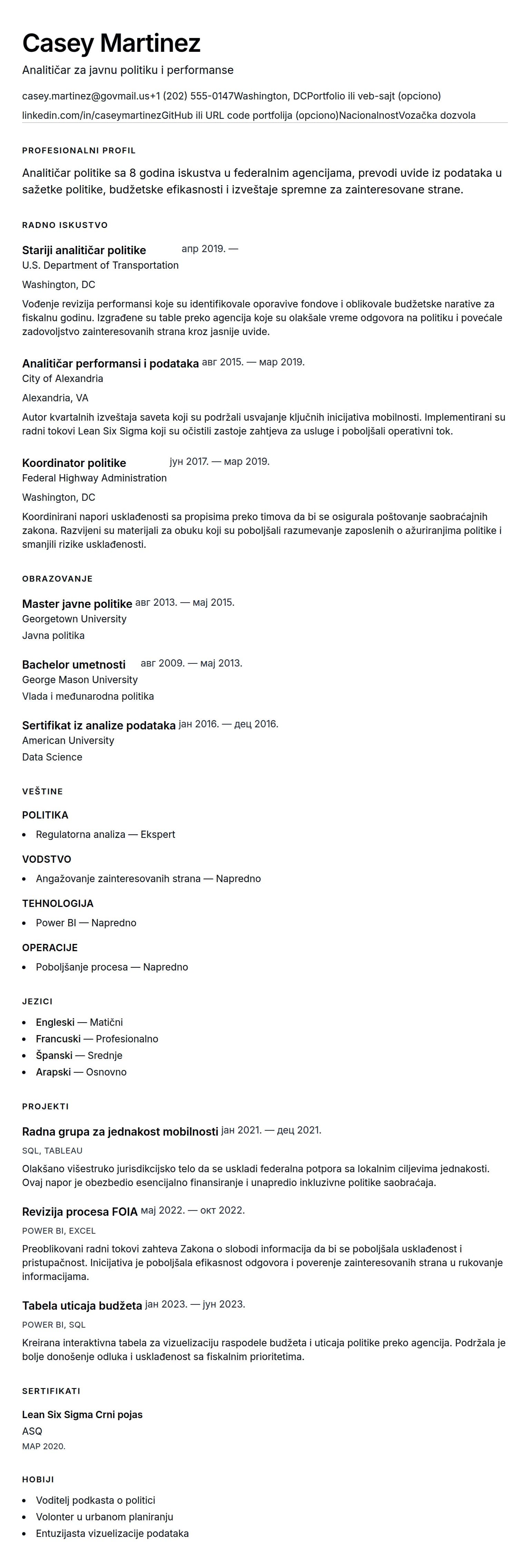 Pregled životopisa za Primer CV-a za analitičara u vladi