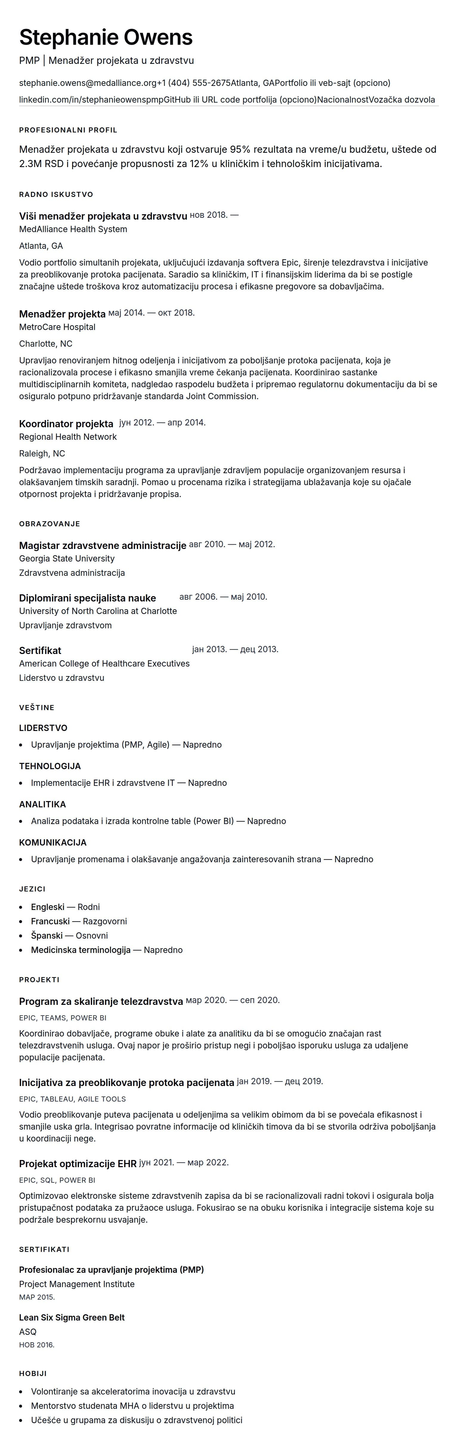 Pregled životopisa za Primer CV-a za menadžera projekata u zdravstvu