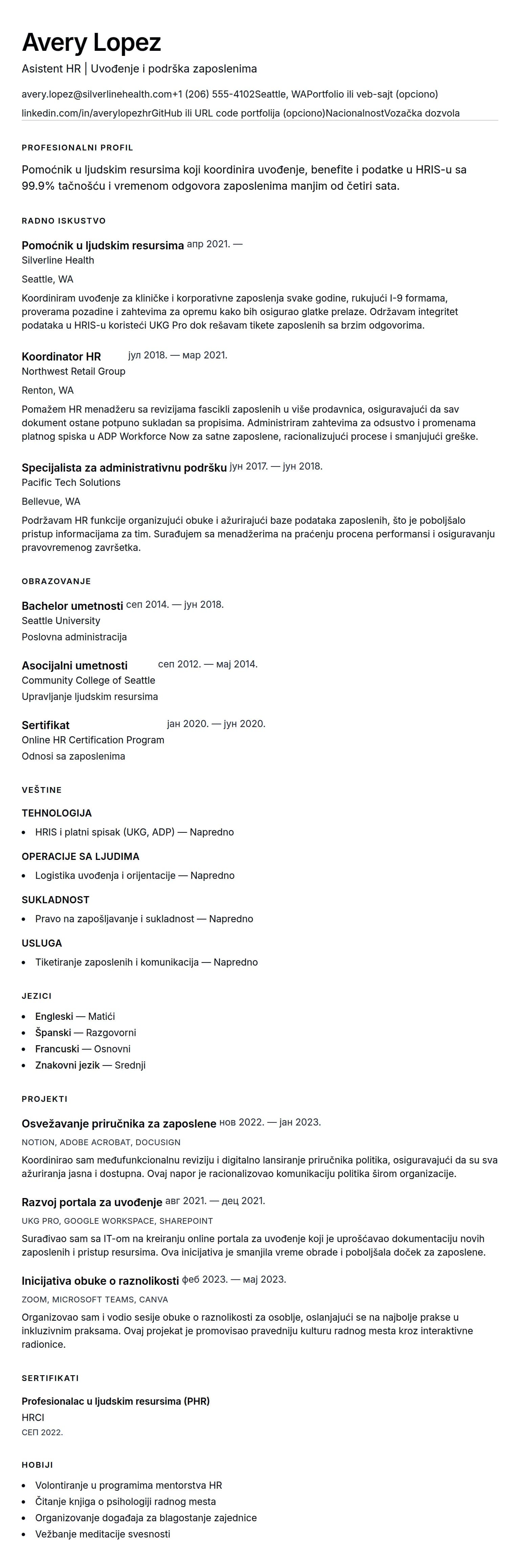 Pregled životopisa za Primer CV-a za pomoćnika u ljudskim resursima