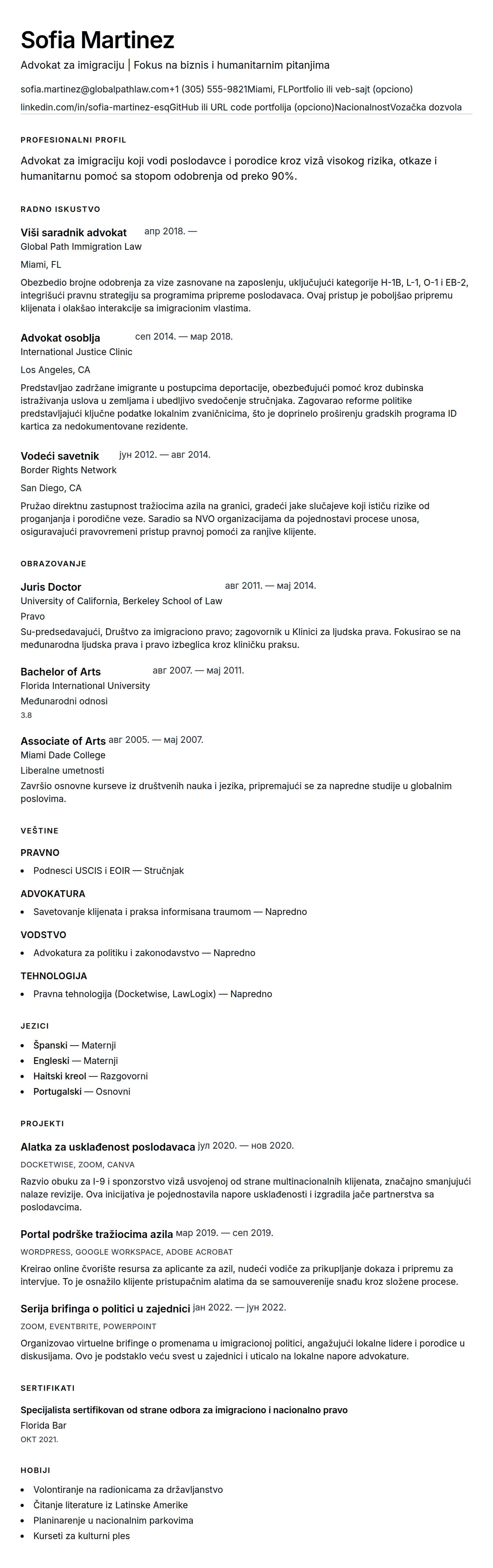 Pregled životopisa za Primer CV-a za advokata za imigraciono pravo