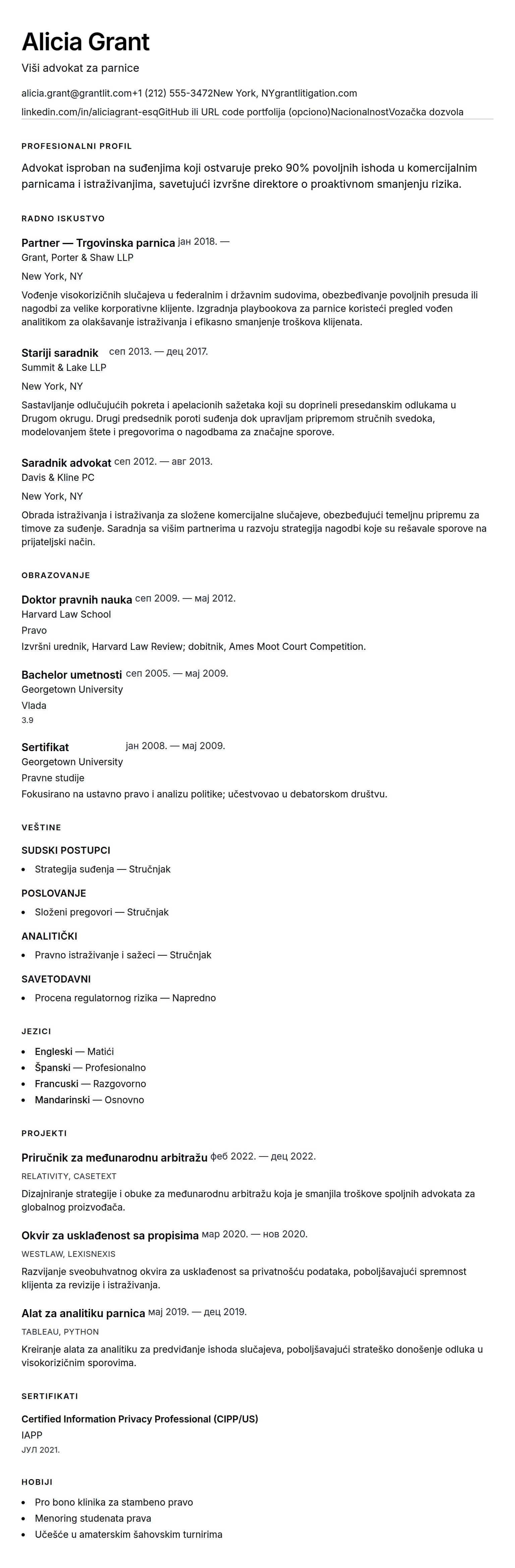 Pregled životopisa za Primer CV-a za advokata