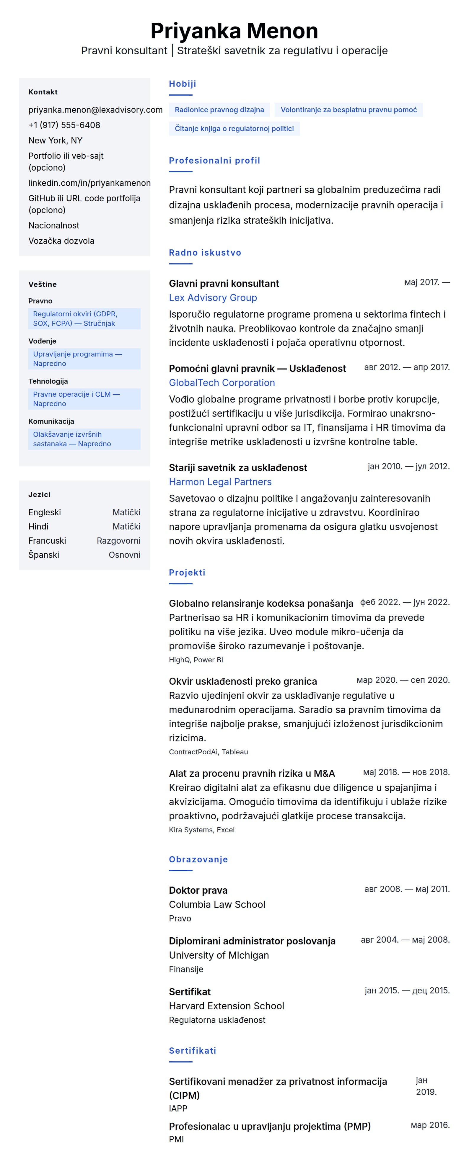 Pregled životopisa za Primer CV-a za pravnog konsultanta