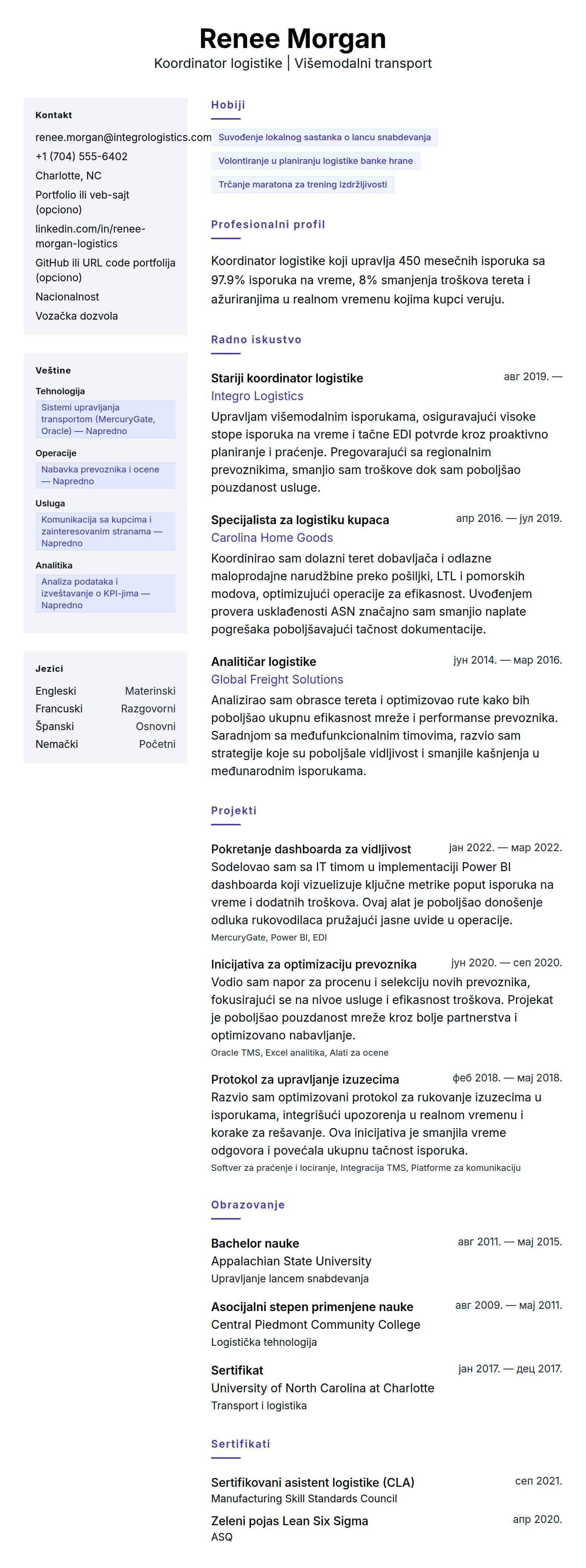 Pregled životopisa za Primer CV-a za koordinatora logistike