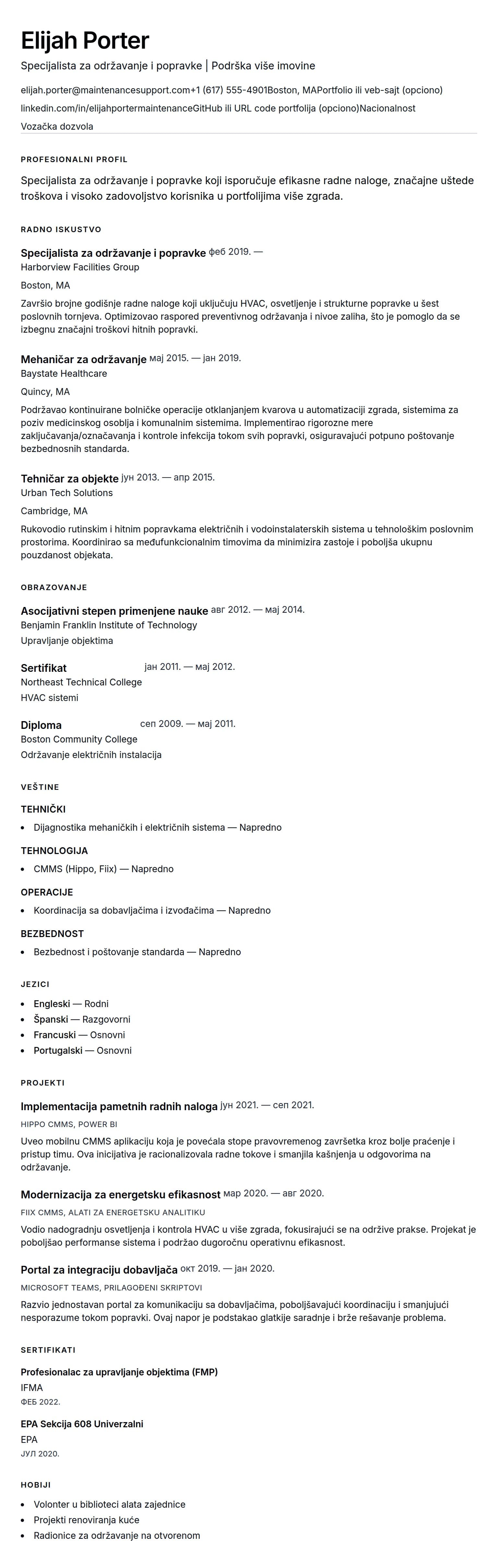 Primer životopisa za održavanje i popravke