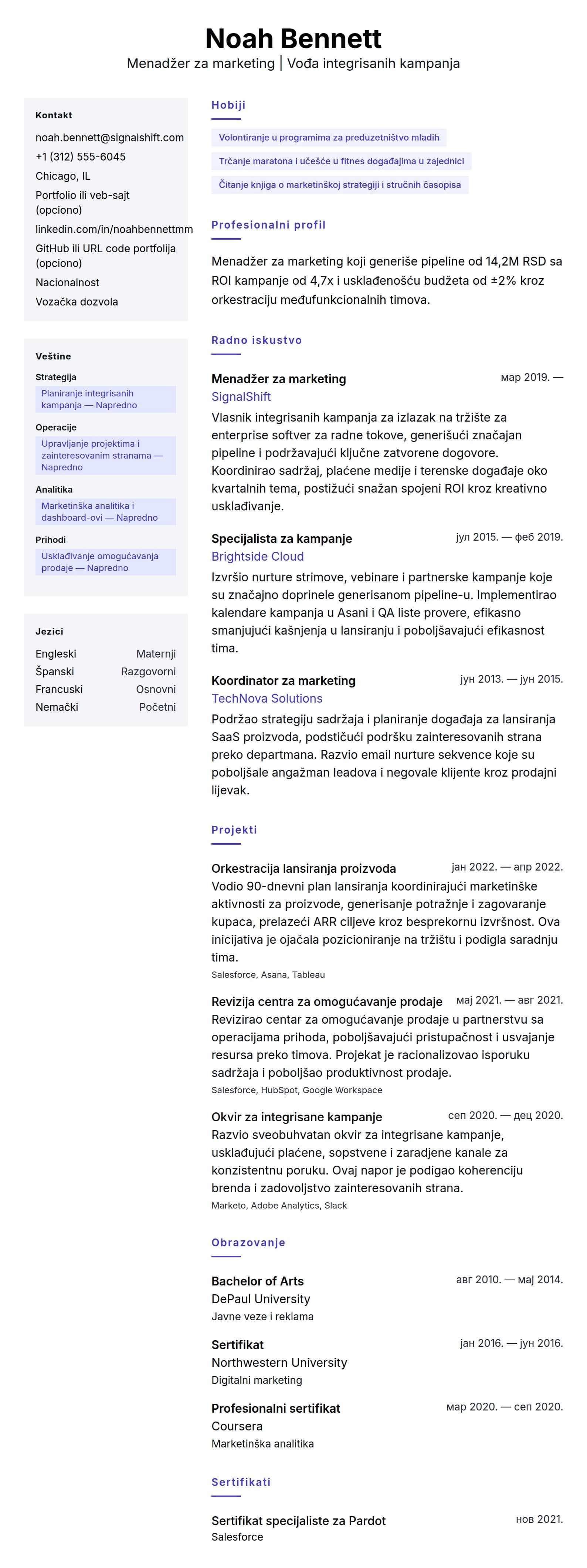 Pregled životopisa za Primer CV-a za menadžera za marketing