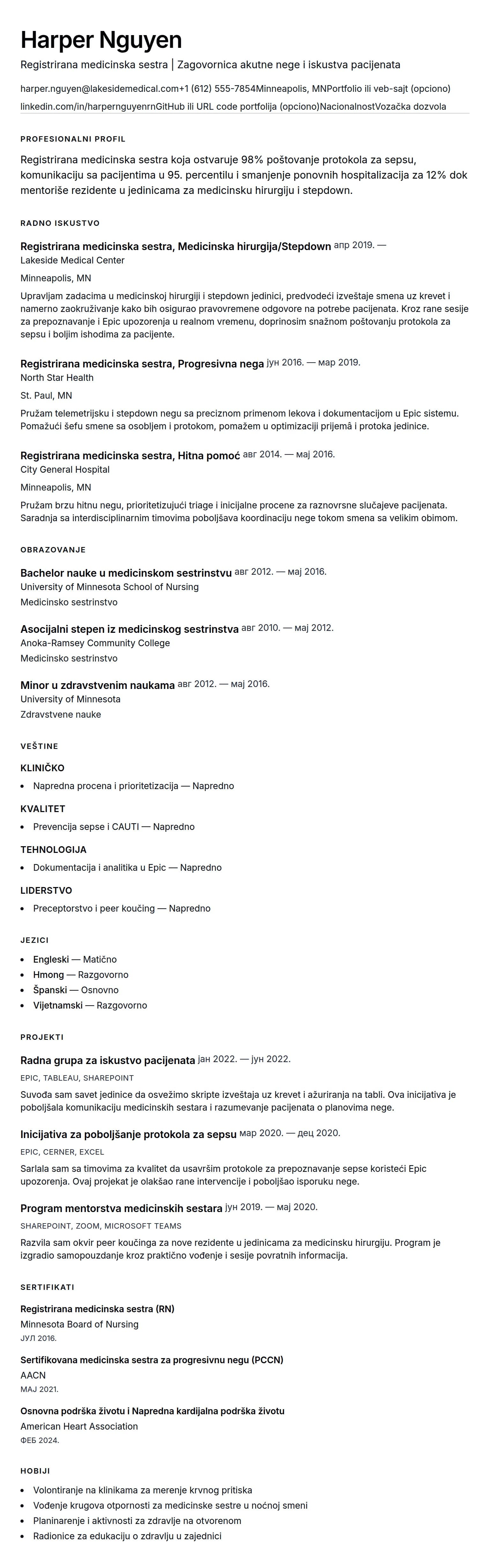 Pregled životopisa za Primer životopisa medicinske sestre