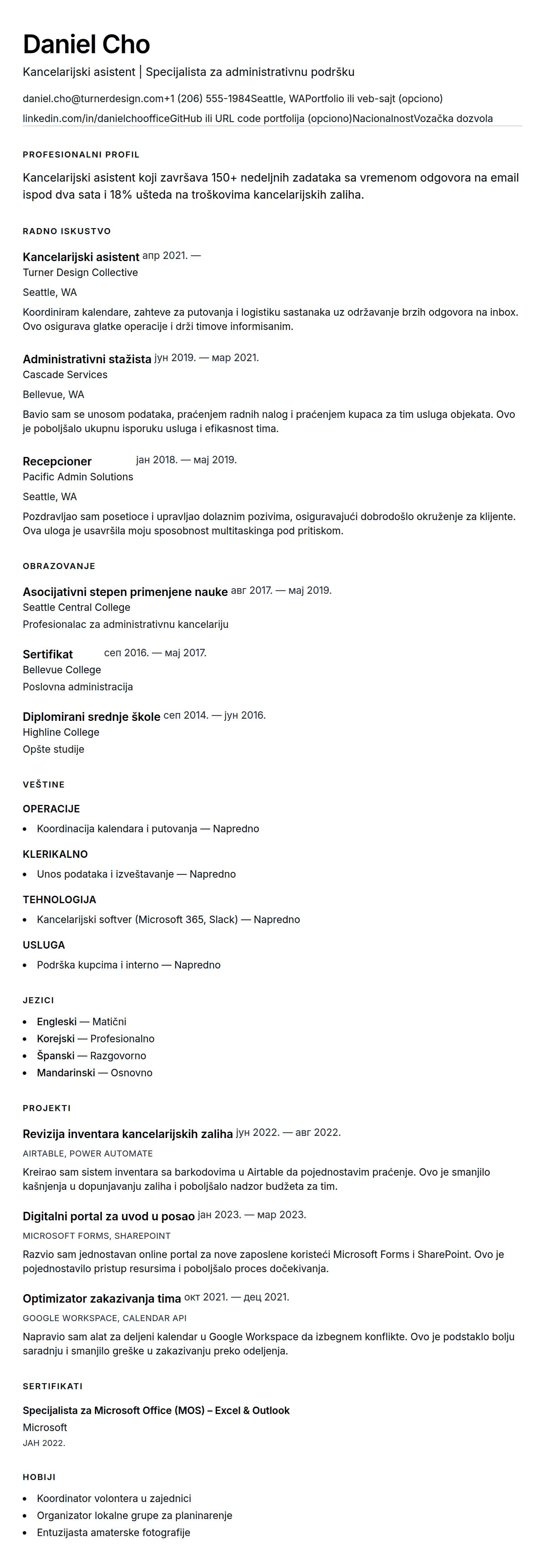 Pregled životopisa za Primer CV-a za kancelarijskog asistenta