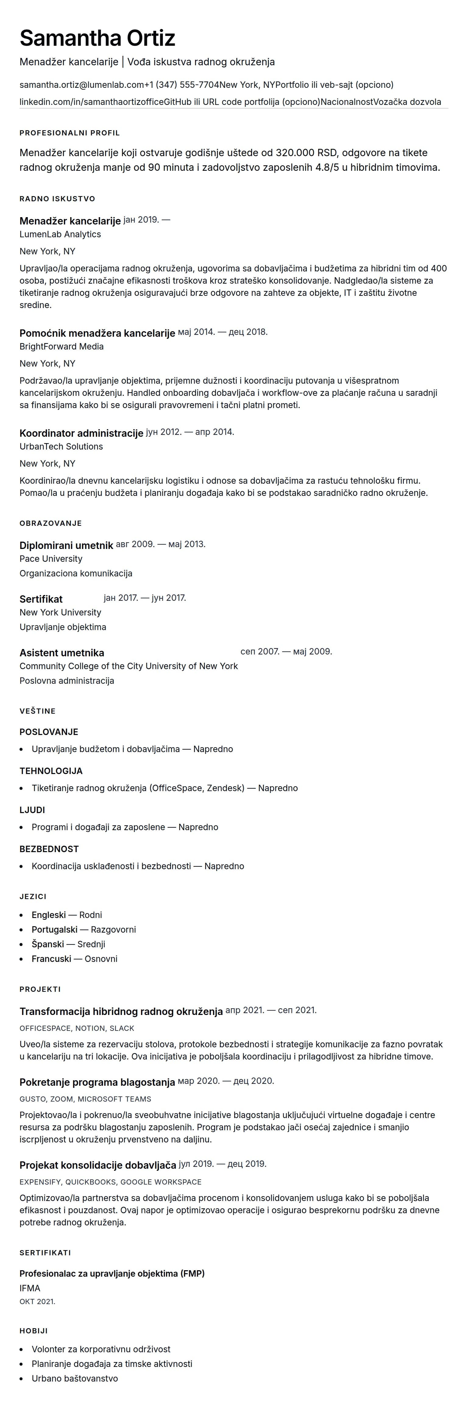Pregled životopisa za Primer CV-a za menadžera kancelarije