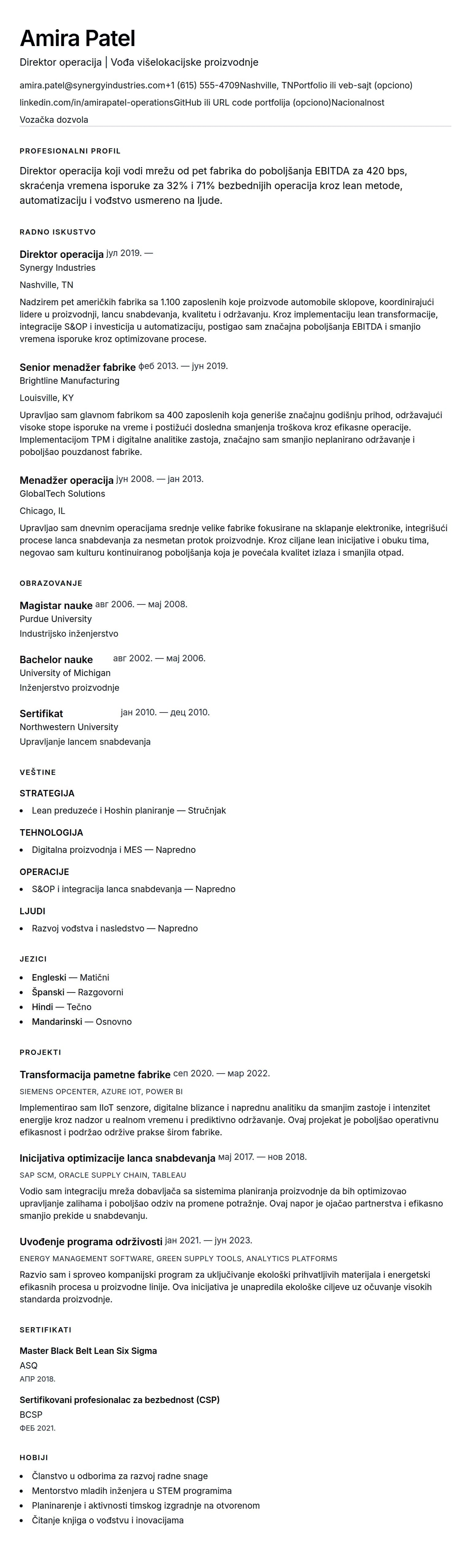 Pregled životopisa za Primer životopisa za direktora operacija