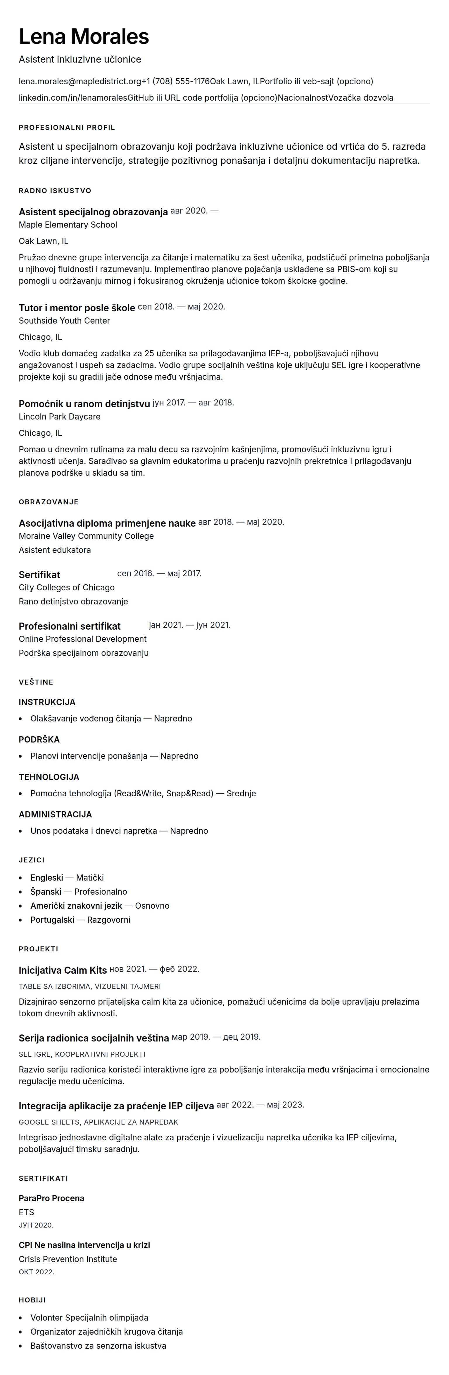 Pregled životopisa za Primer životopisa za asistent u specijalnom obrazovanju