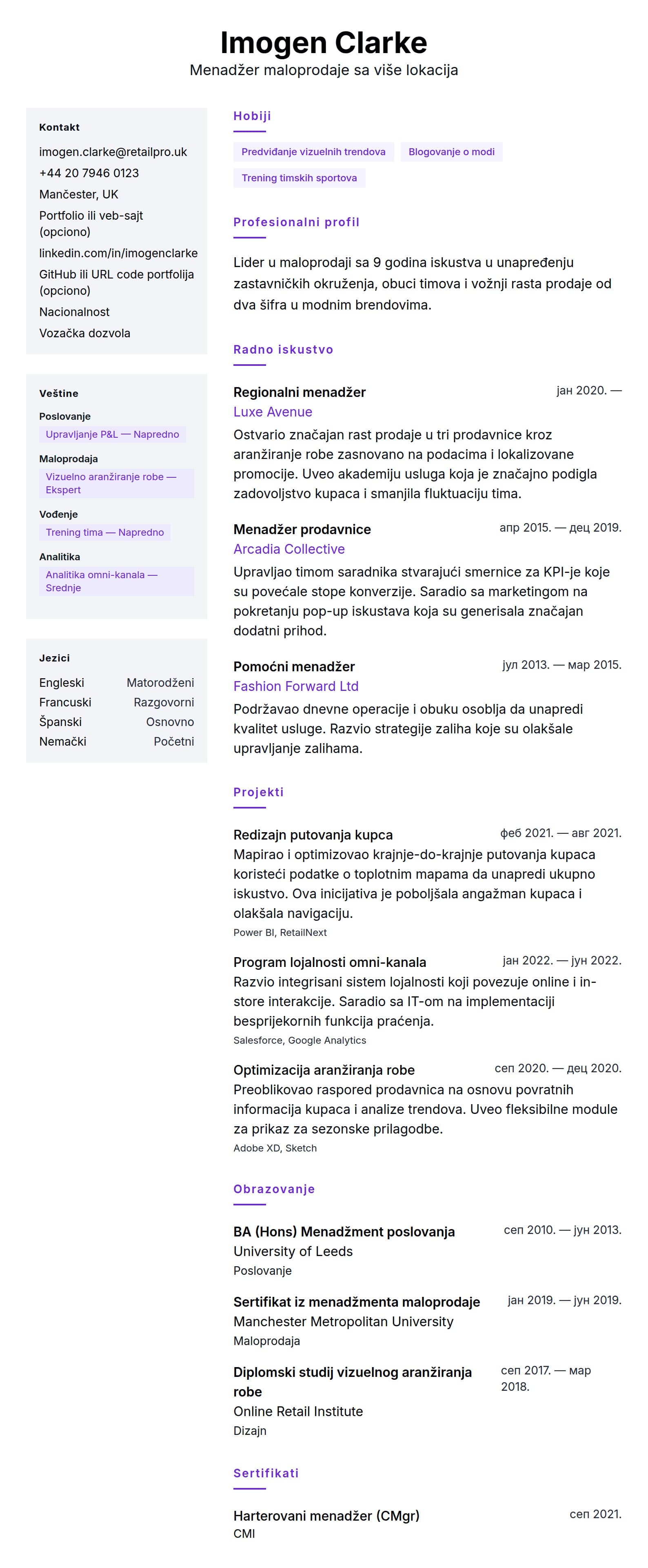 Pregled životopisa za Primer životopisa za menadžera maloprodaje