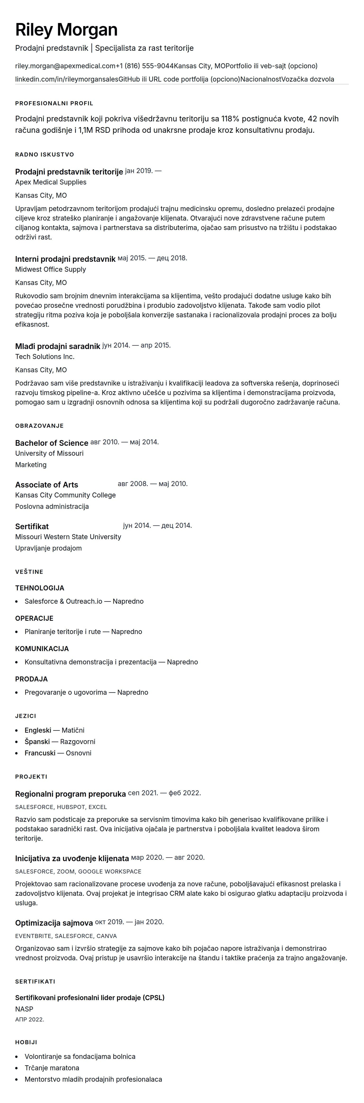 Pregled životopisa za Primer CV-a za prodajnog predstavnika