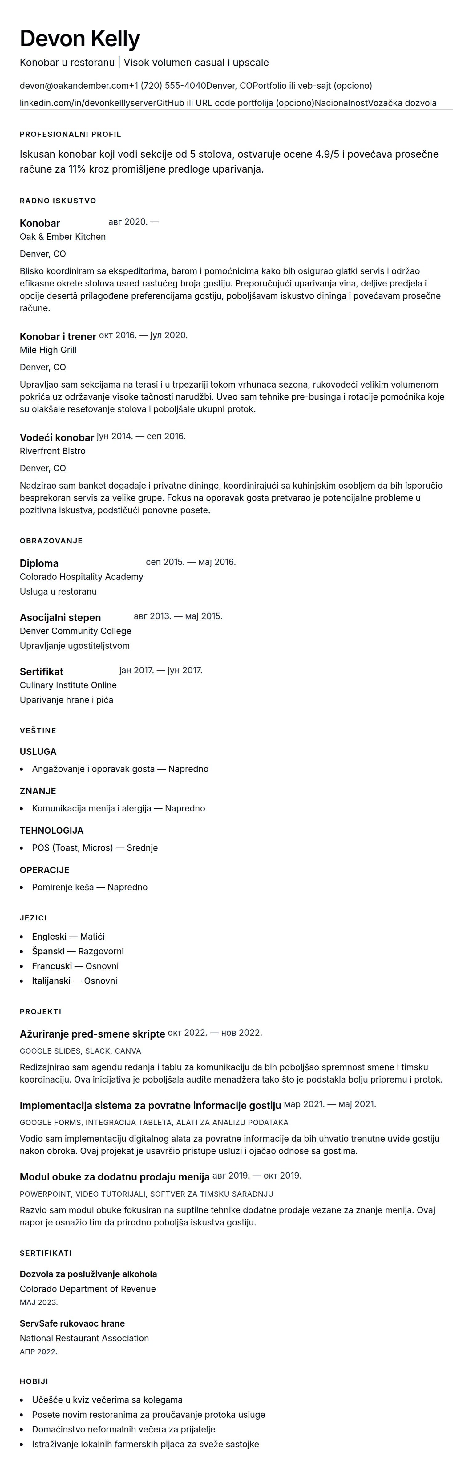 Pregled životopisa za Primer životopisa za konobara