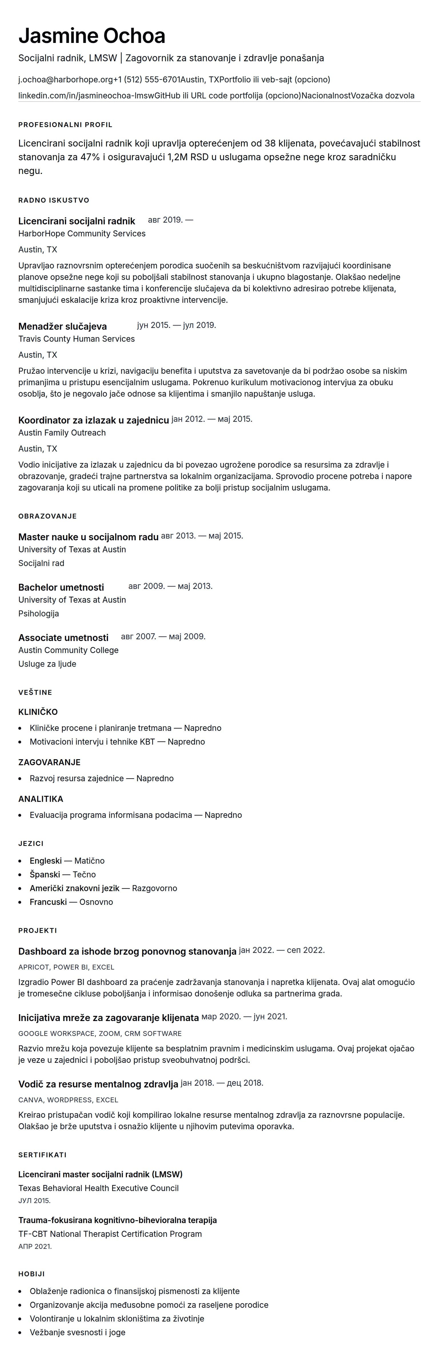 Pregled životopisa za Primer životopisa socijalnog radnika