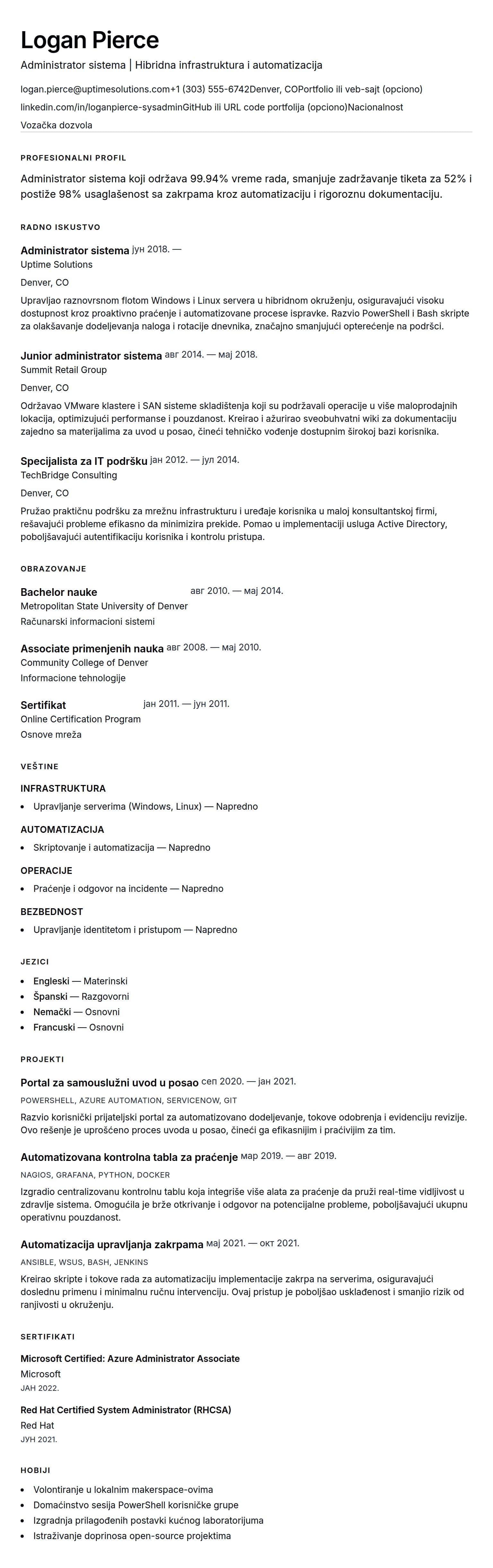Pregled životopisa za Primer životopisa za administratora sistema