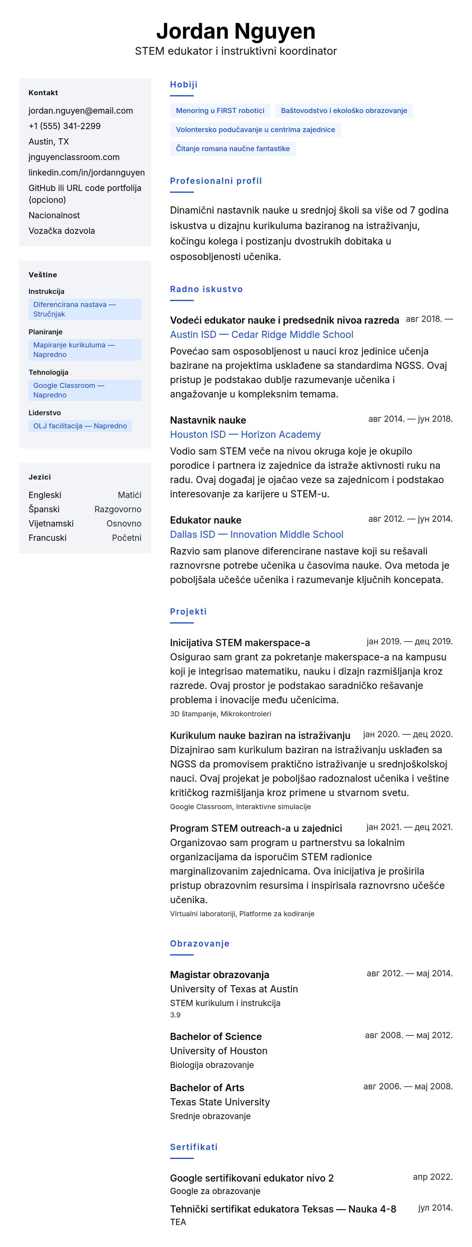 Pregled životopisa za Primer CV-a za nastavnika