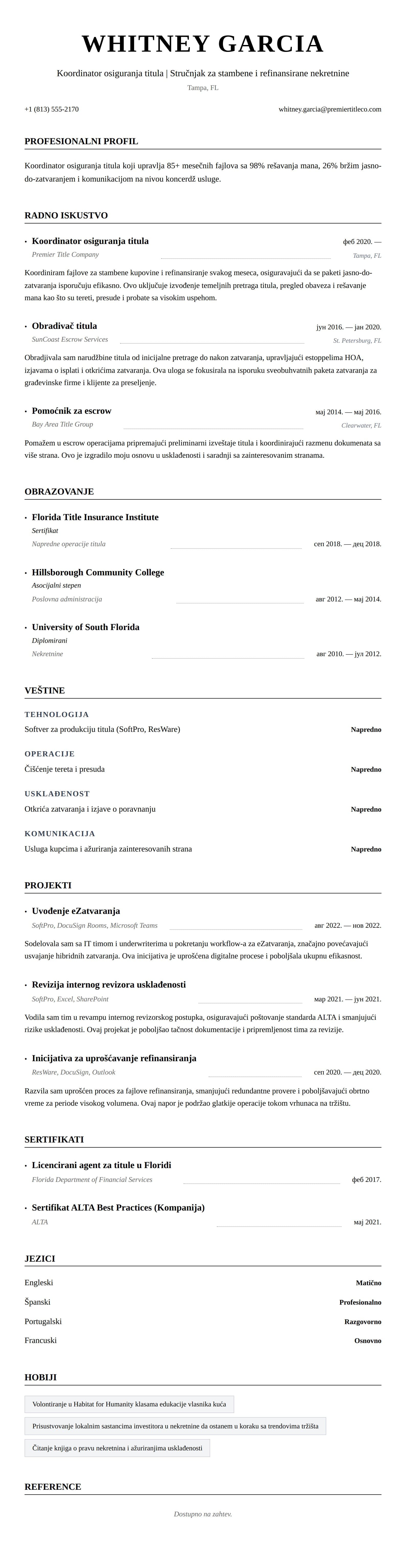 Pregled životopisa za Primer CV-a za koordinatora osiguranja titula