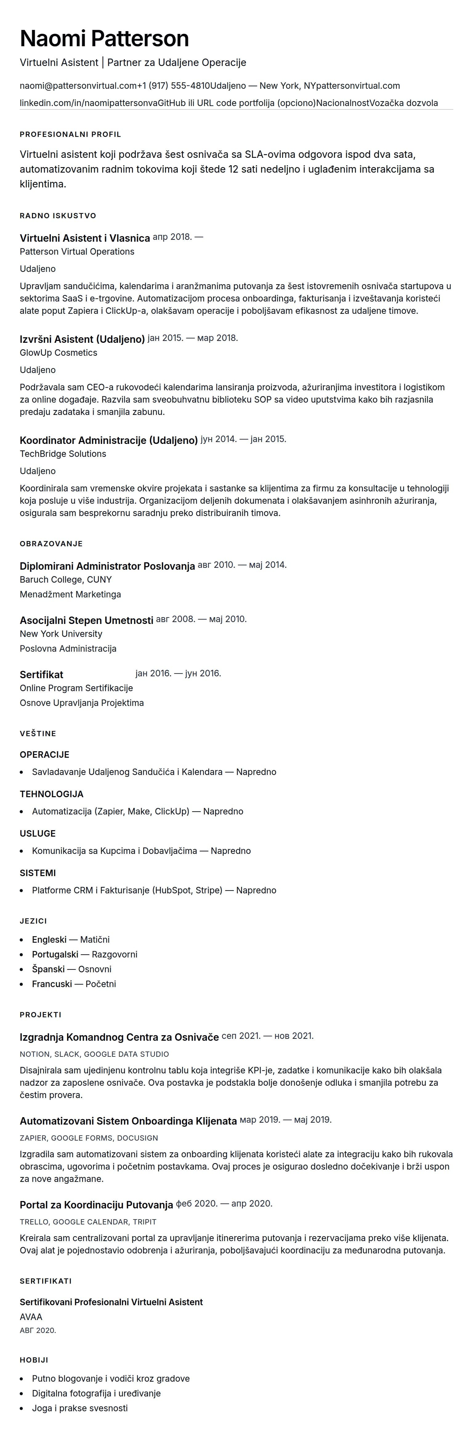 Pregled životopisa za Primer Životopisa za Virtuelnog Asistenta