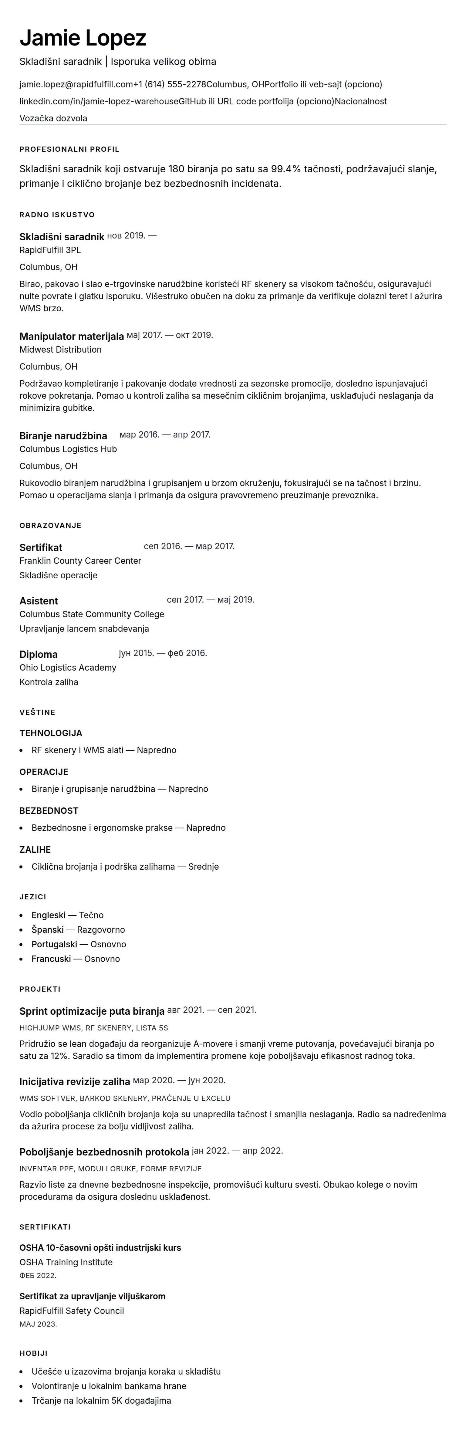 Pregled životopisa za Primer CV-a za radnika u skladištu