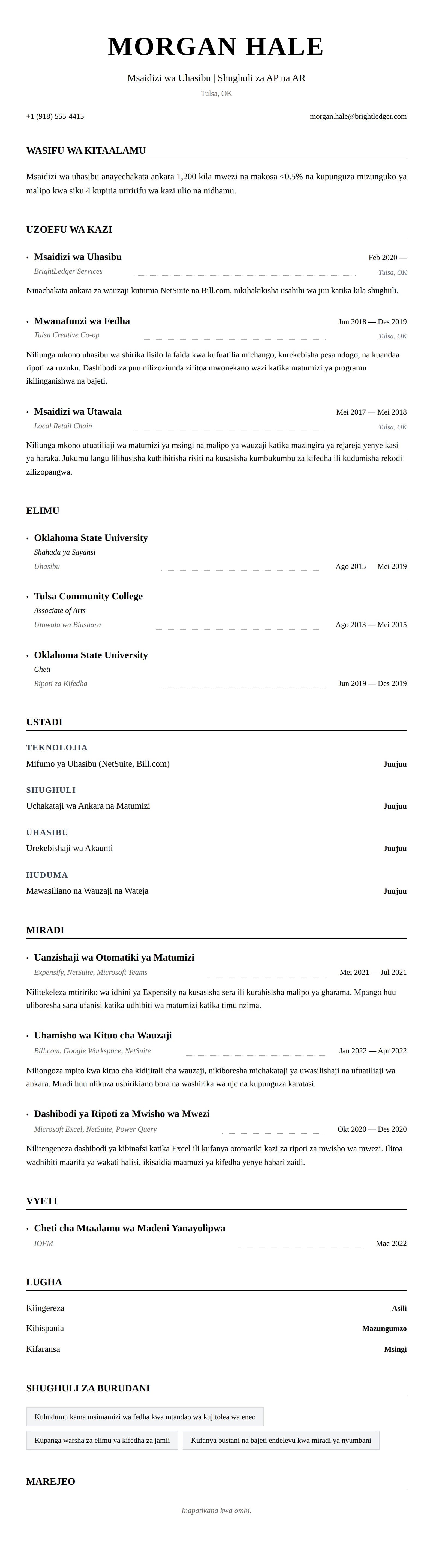 Muonyesho wa CV kwa Mfano wa CV ya Msaidizi wa Uhasibu