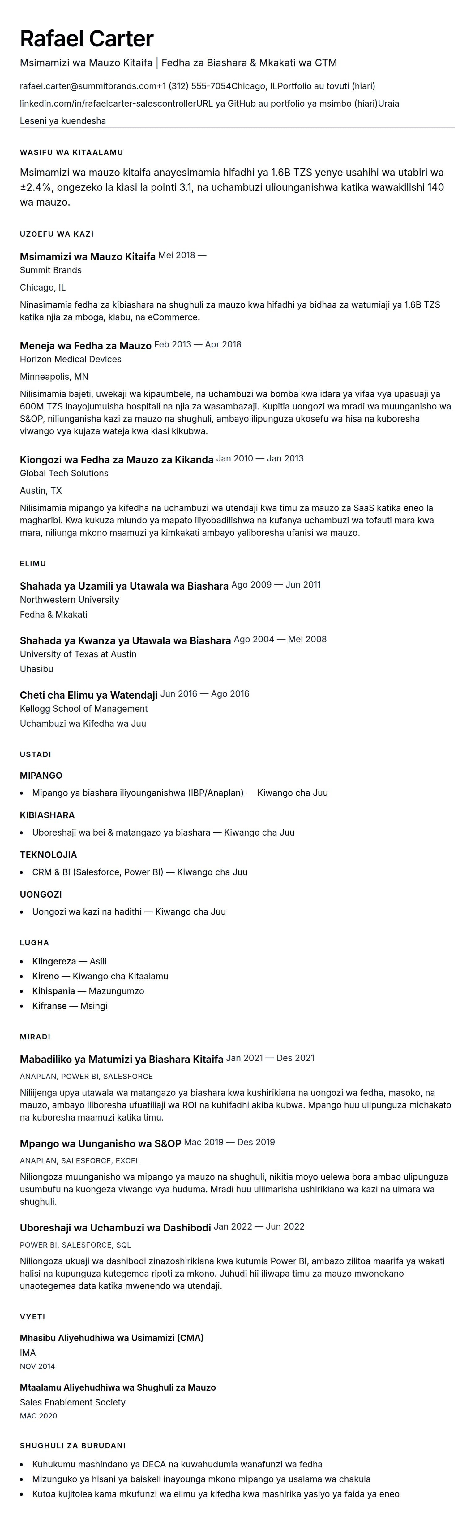 Muonyesho wa CV kwa Mfano wa CV ya Msimamizi wa Mauzo Kitaifa