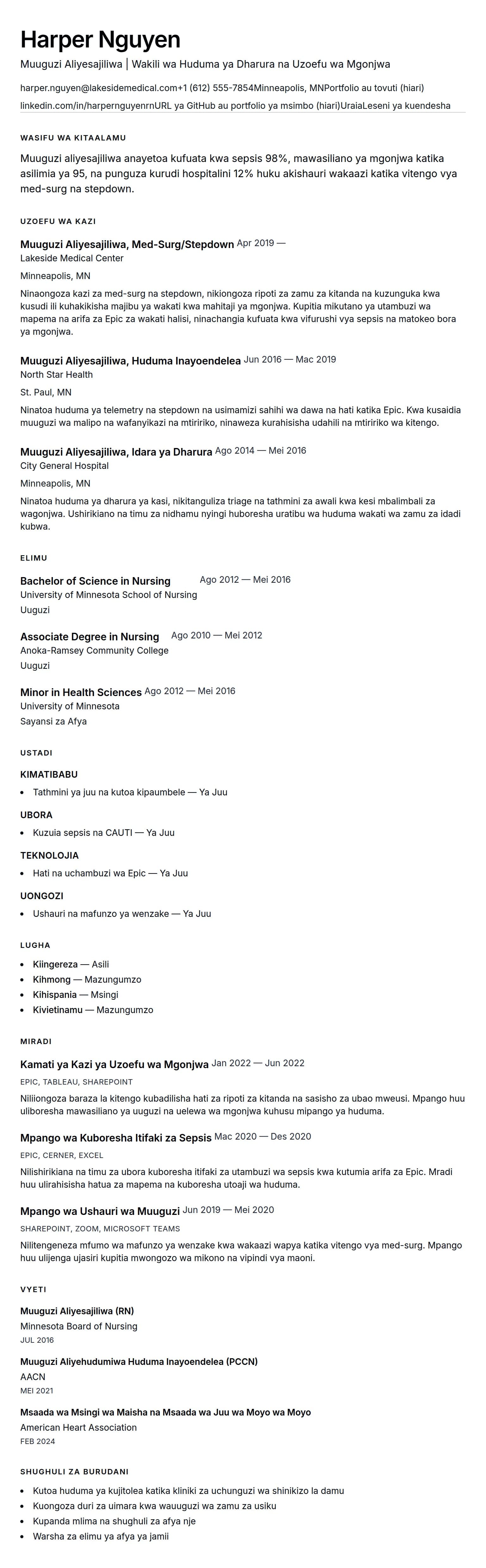 Muonyesho wa CV kwa Mfano wa CV ya Muuguzi
