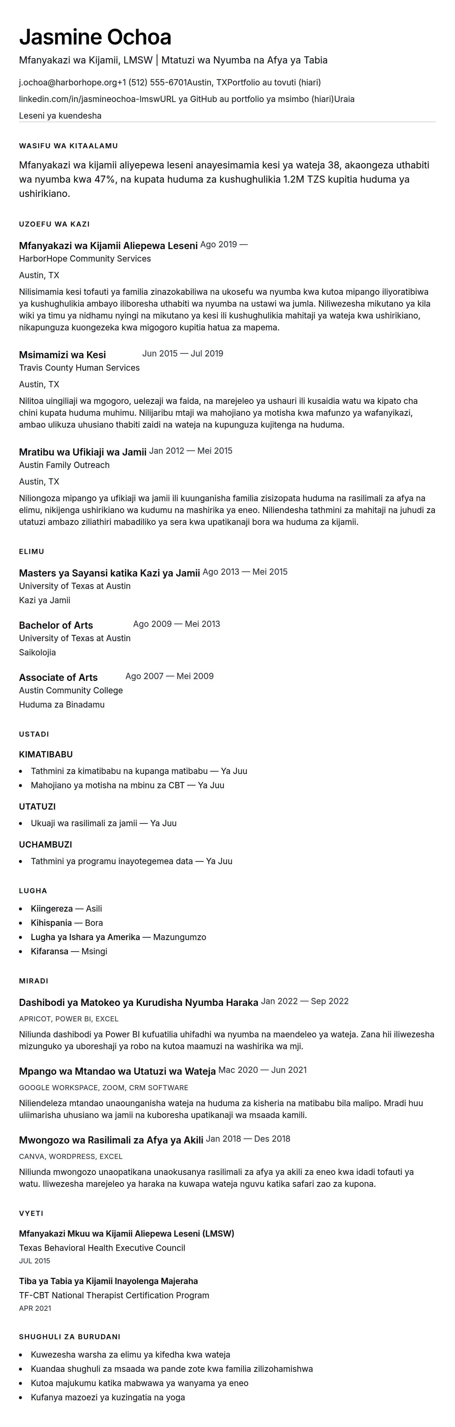 Muonyesho wa CV kwa Mfano wa CV ya Mfanyakazi wa Kijamii
