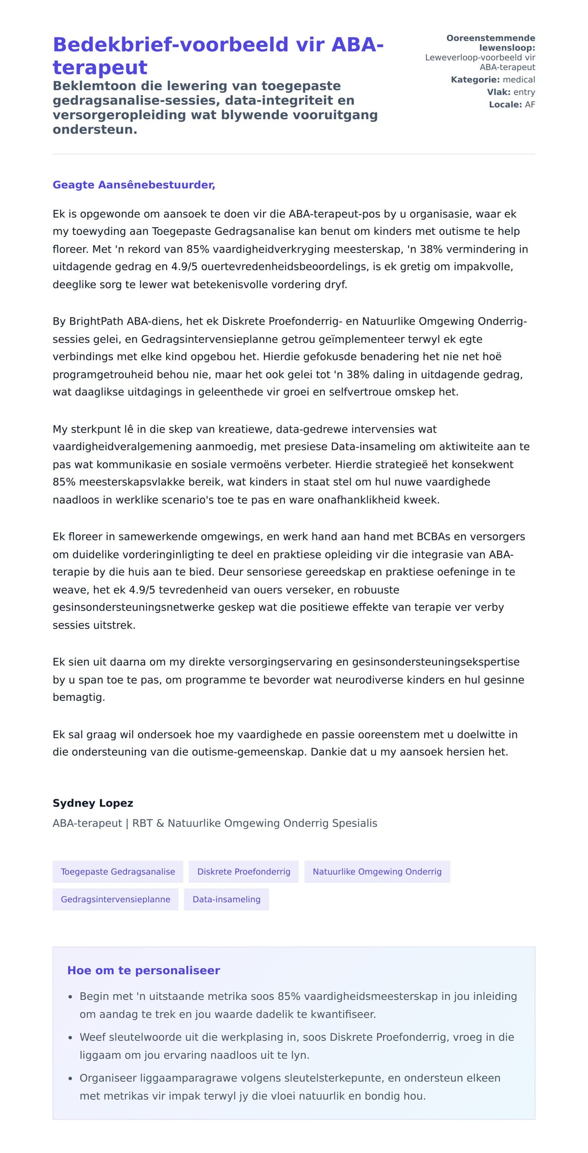 Solbrief-voorskou vir Bedekbrief-voorbeeld vir ABA-terapeut